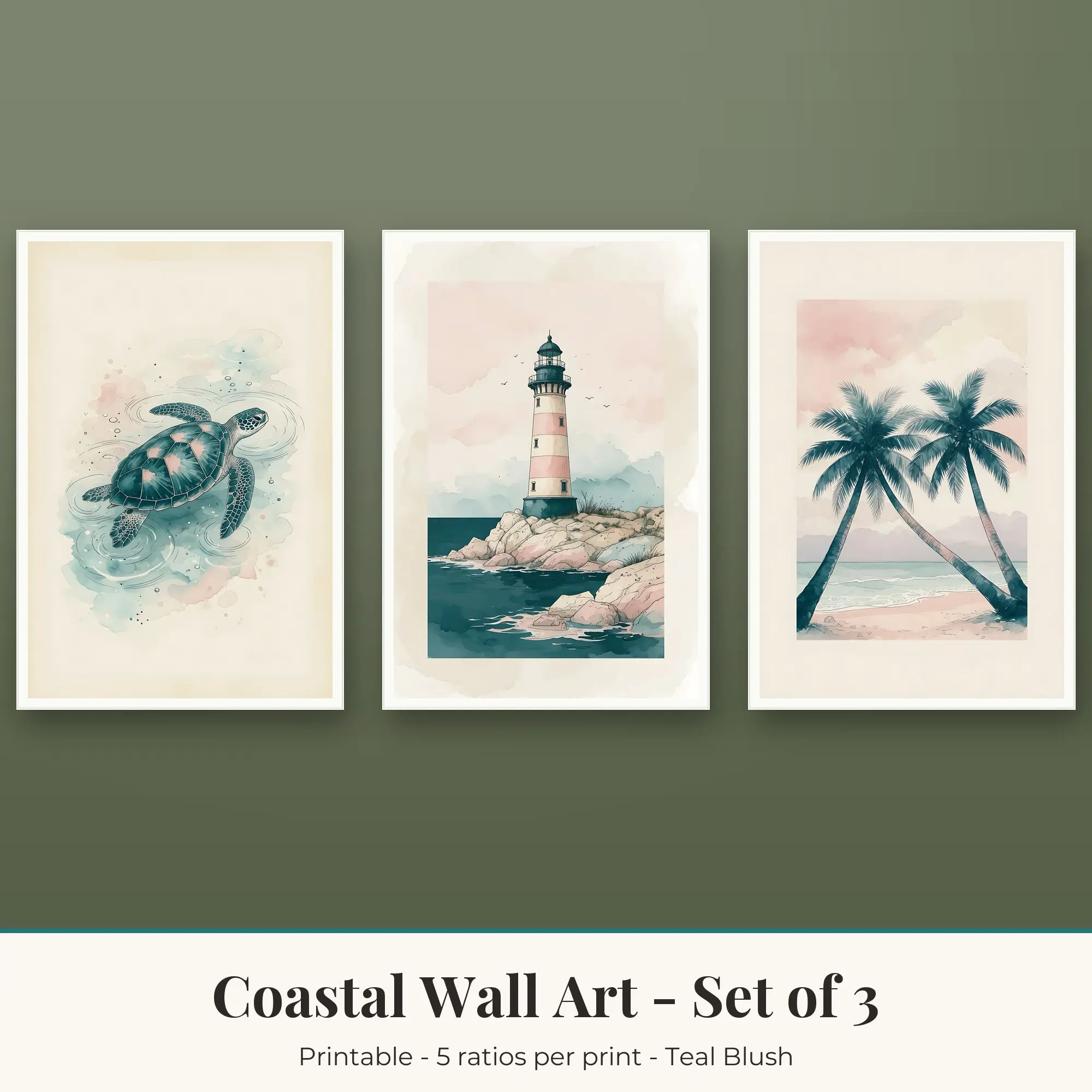 Coastal Wall Art Set of 3: Sea Turtle, Teal Blush preview
