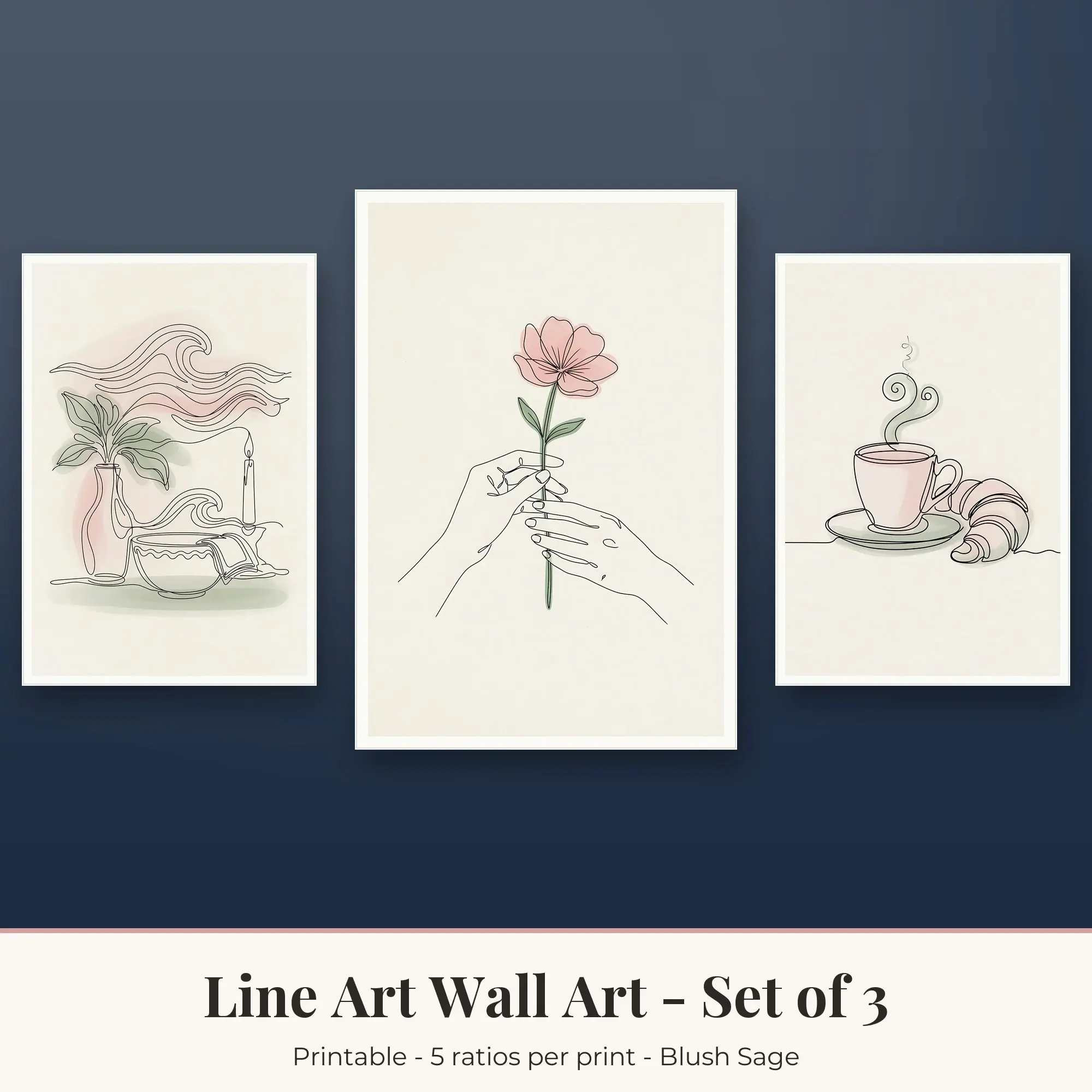 Line Art Wall Art Set of 3: Swimmer Waves, Blush Sage preview