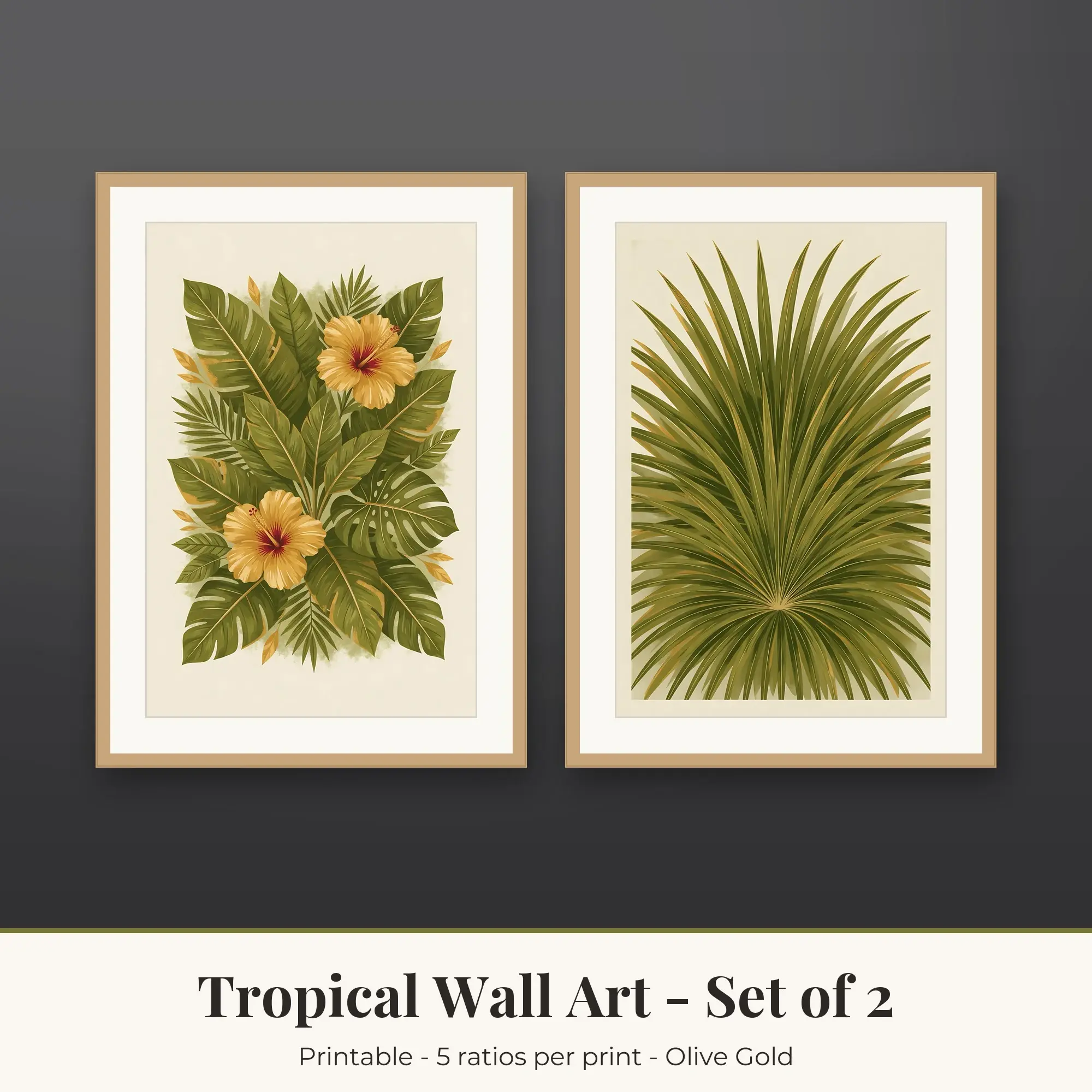 Tropical Wall Art Set of 2, Olive Gold Hibiscus & Palm Leaves preview