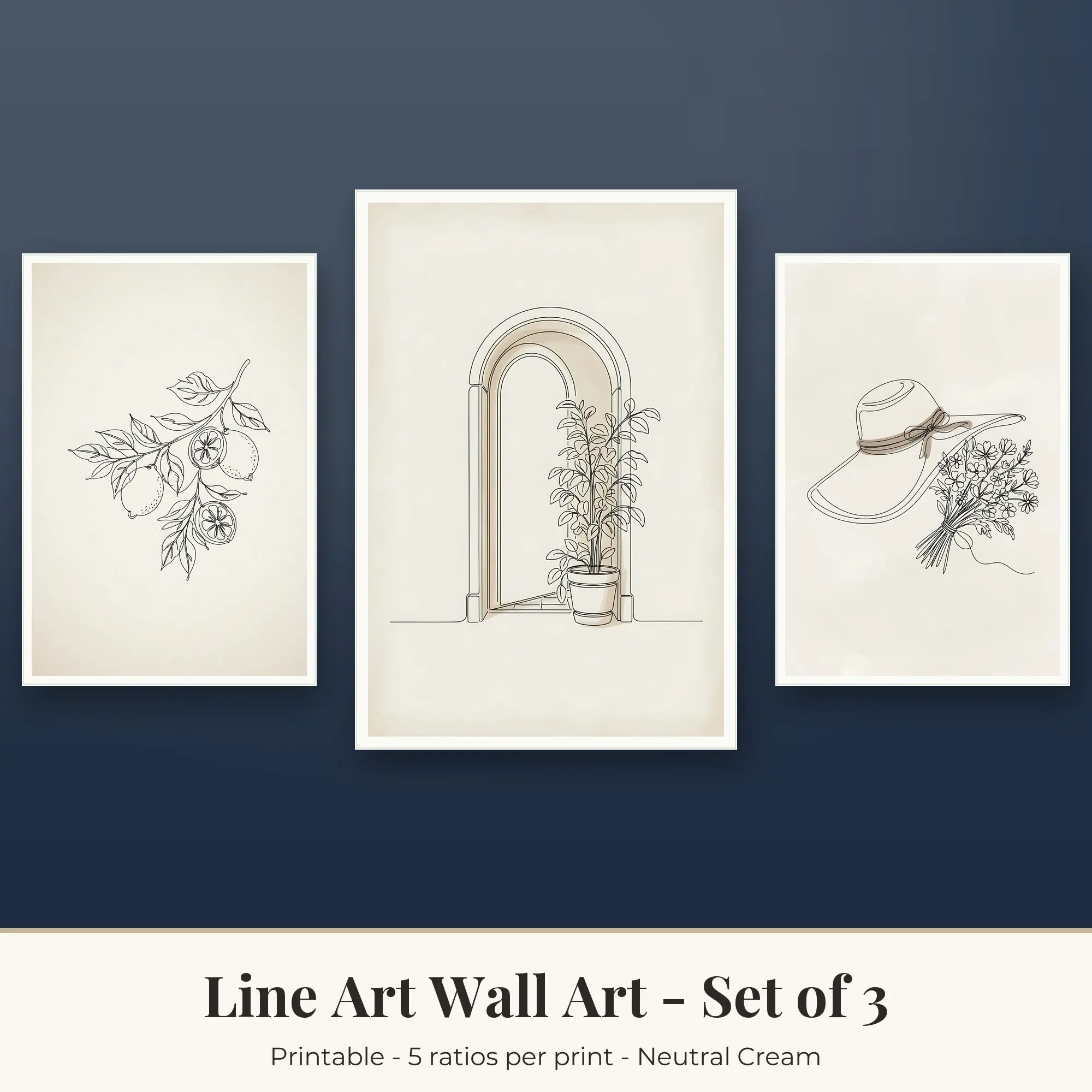 Line Art Wall Art Set of 3: Hat and Flowers, Neutral Cream preview