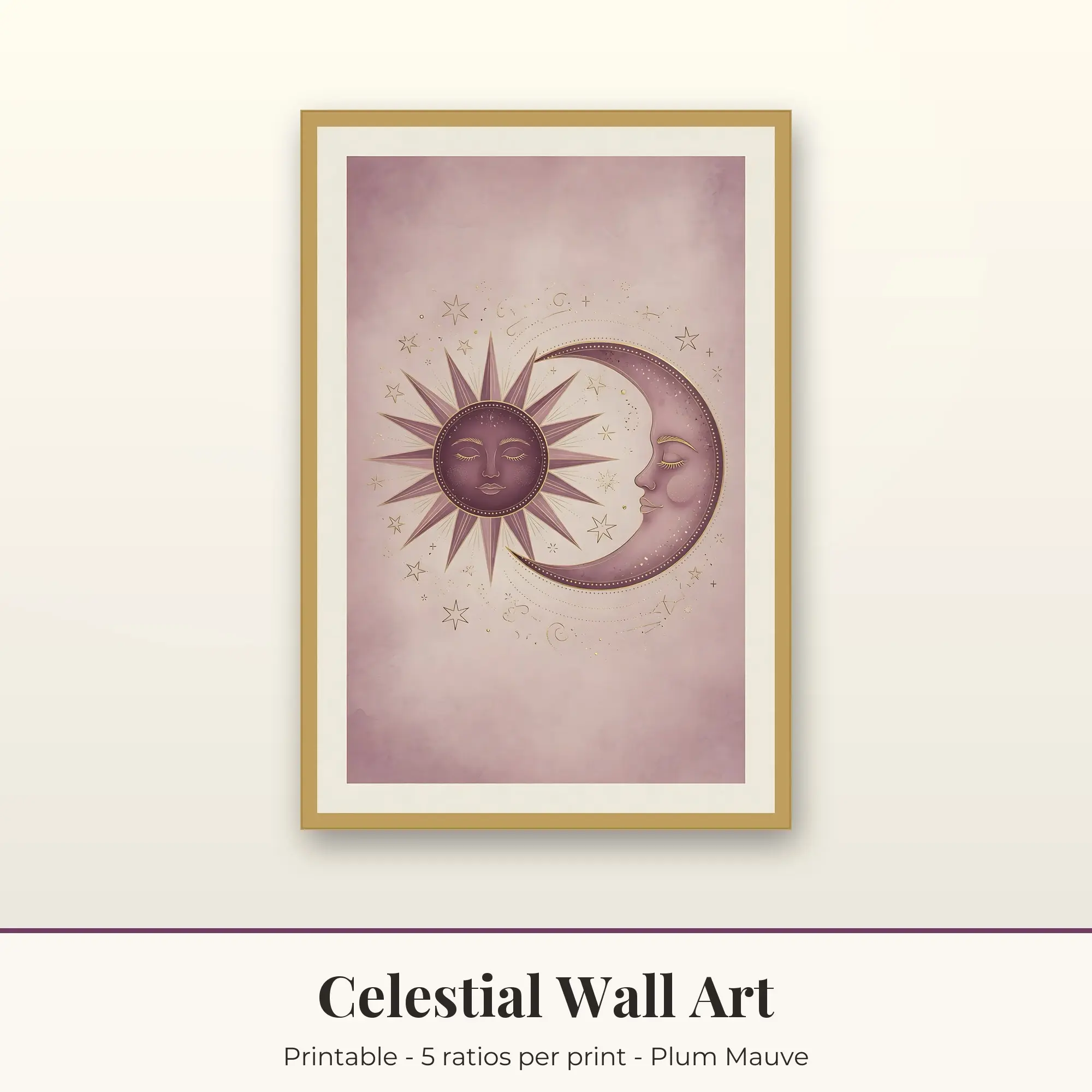 Celestial Wall Art Print - Sun and Moon - Plum Mauve preview