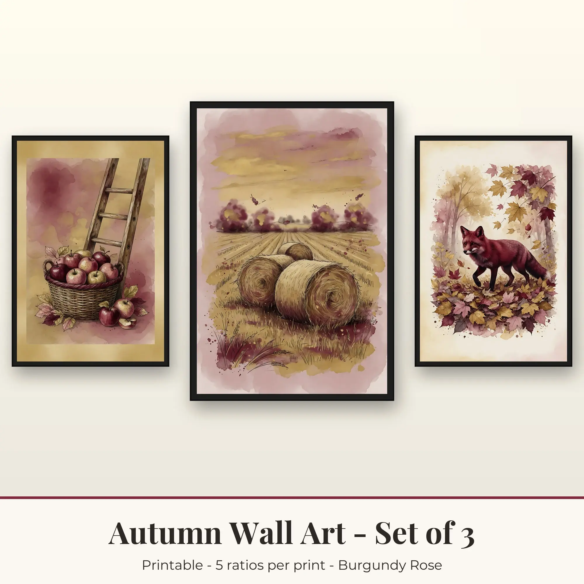 Autumn Set of 3: Hay Bales, Burgundy Rose preview
