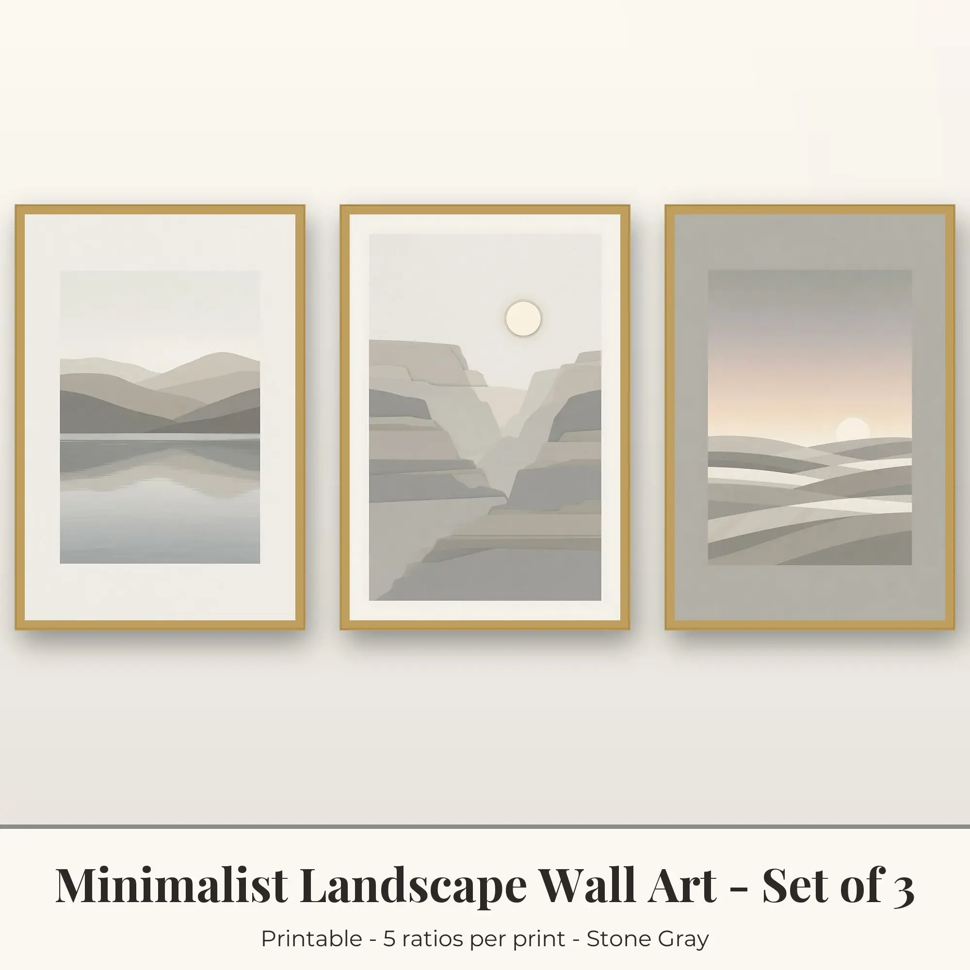 Lake and Hills Minimalist Landscape Set of 3 - Stone Gray preview