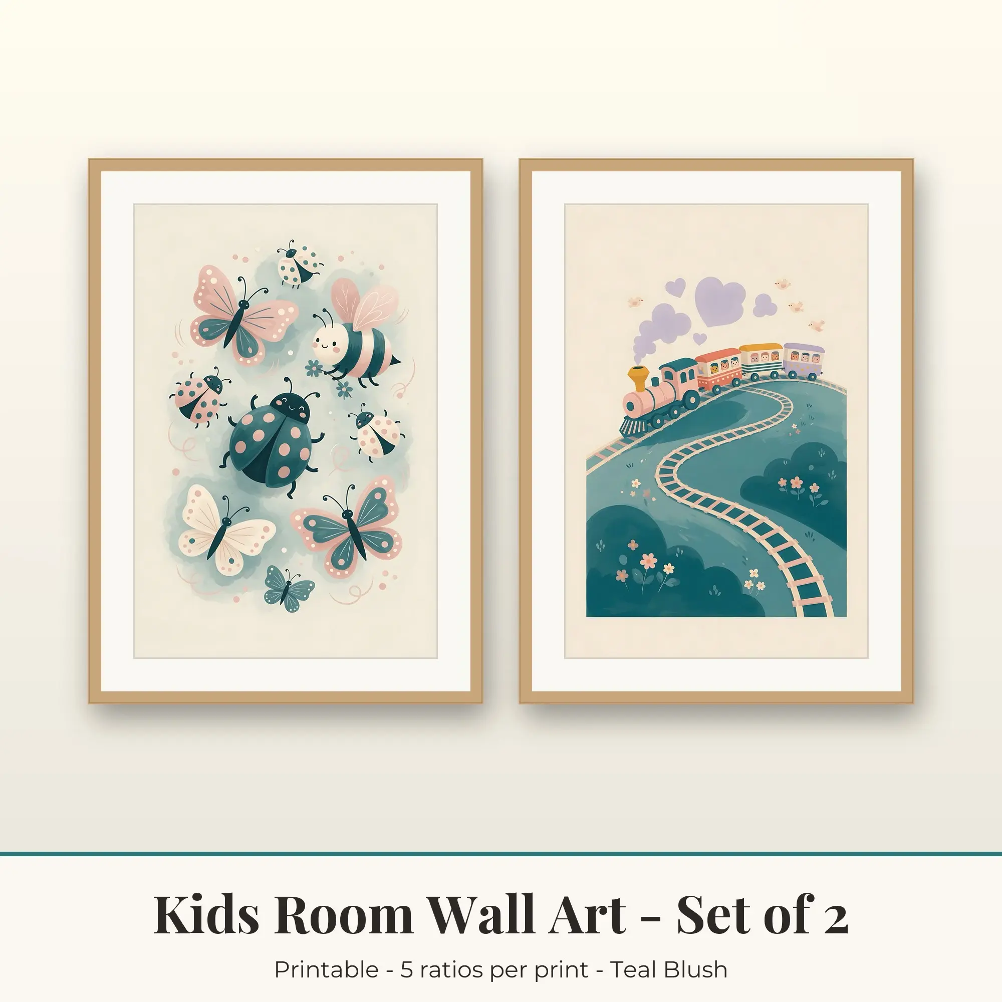 Kids Room Wall Art Set of 2: Little Train, Teal Blush preview