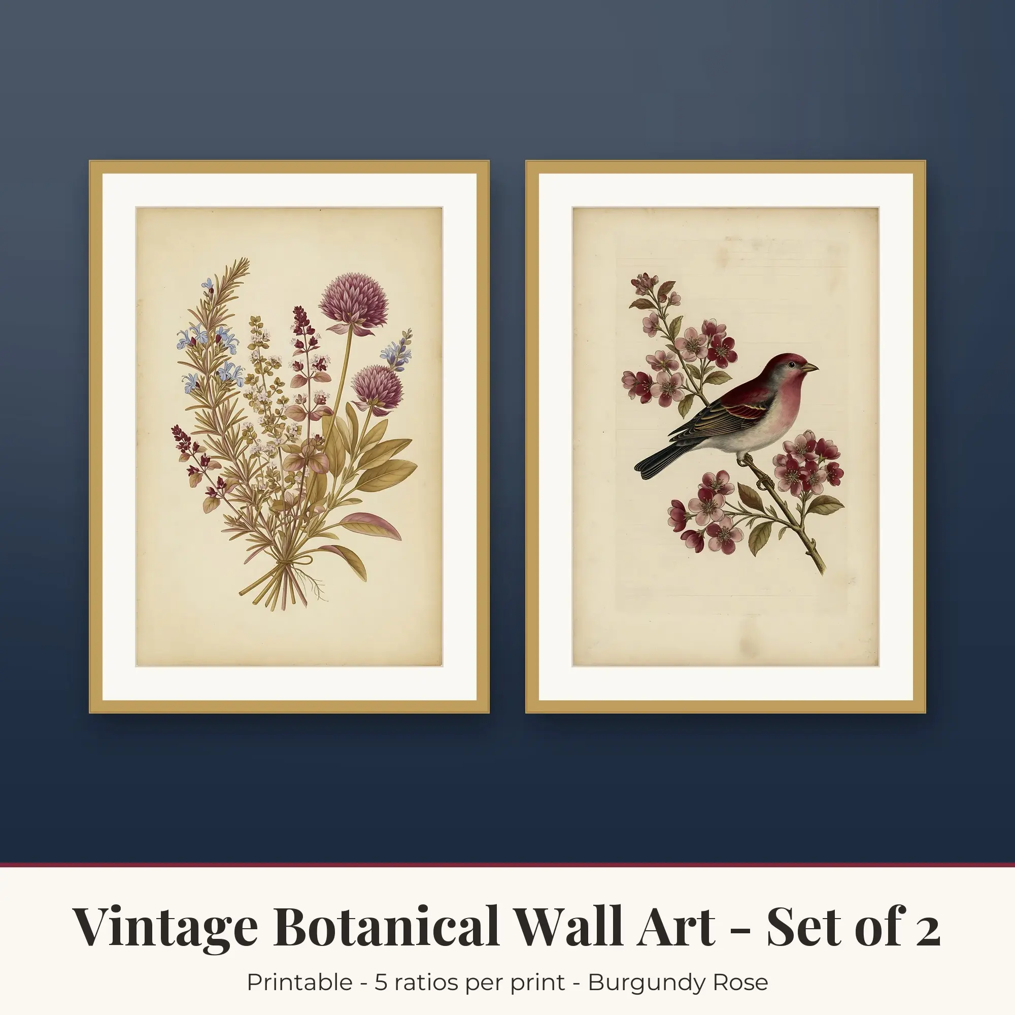 Vintage Botanical Printable Art Set of 2: Herb Garden and Songbird preview