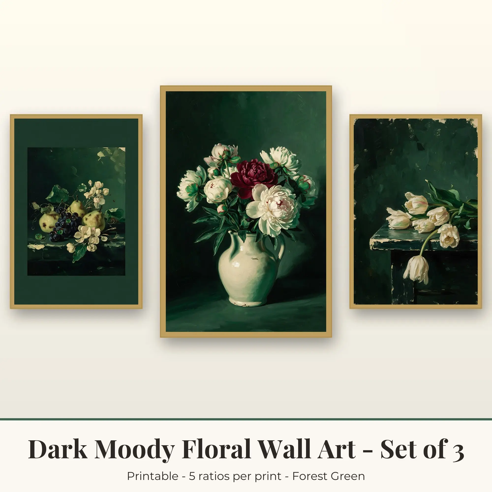 Dark Moody Floral Wall Art Set of 3: Fruit and Flowers, Forest Green preview