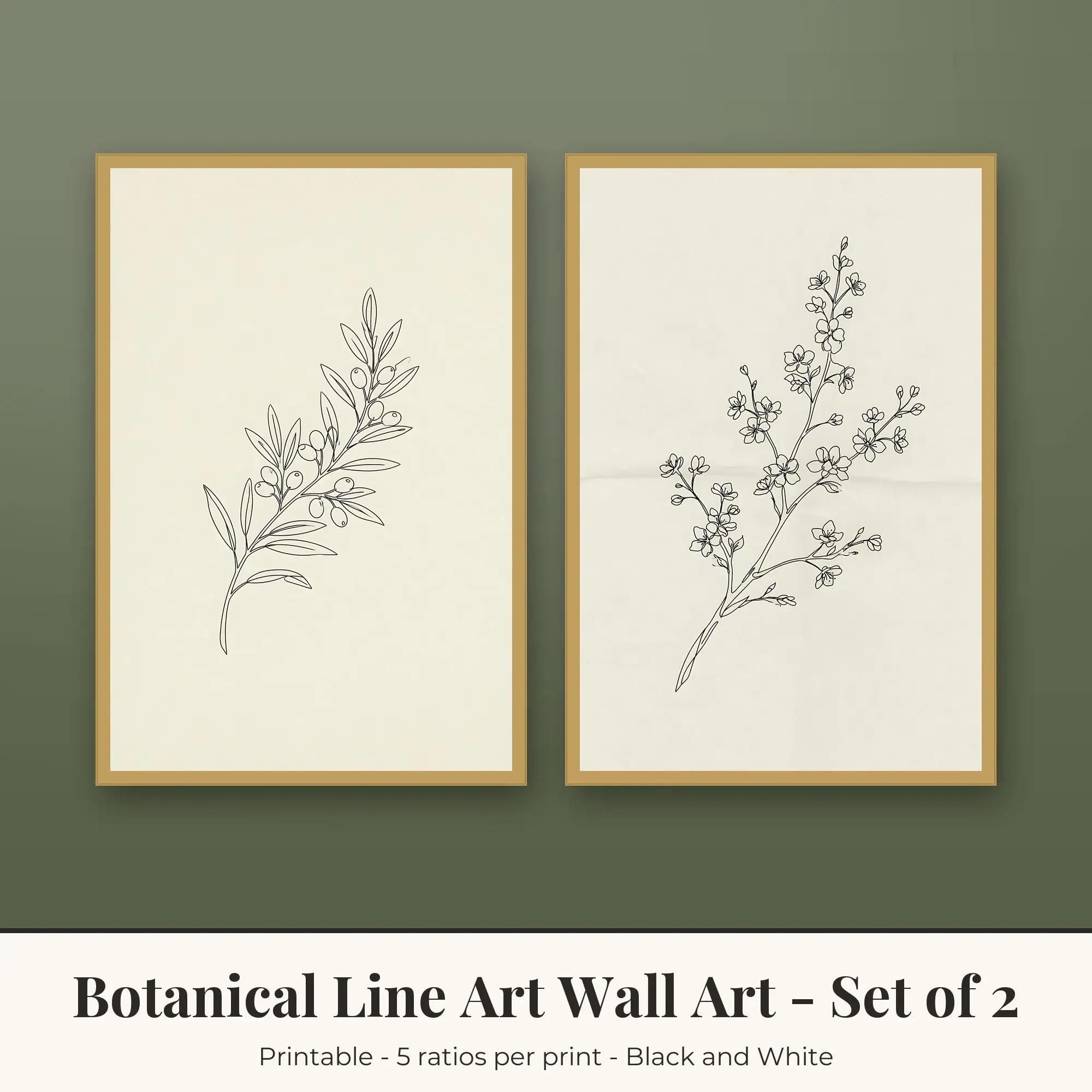 Cherry Blossom Botanical Line Art Set of 2 - Black and White preview