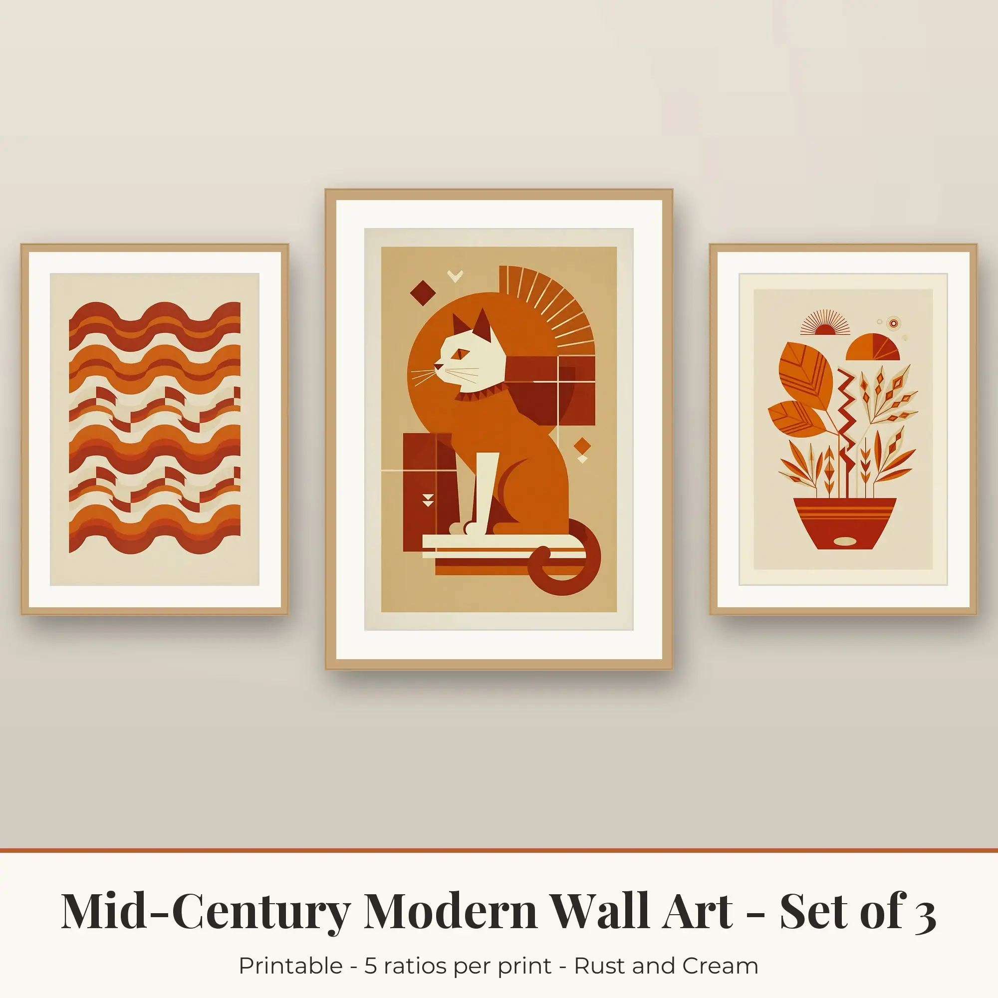 Mid-Century Modern Set of 3: Cat Shapes, Rust and Cream preview