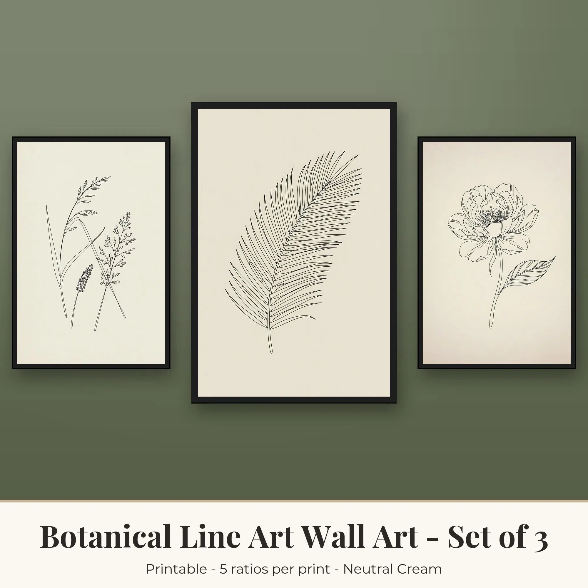 Palm Frond Botanical Line Art Set of 3 - Neutral Cream preview