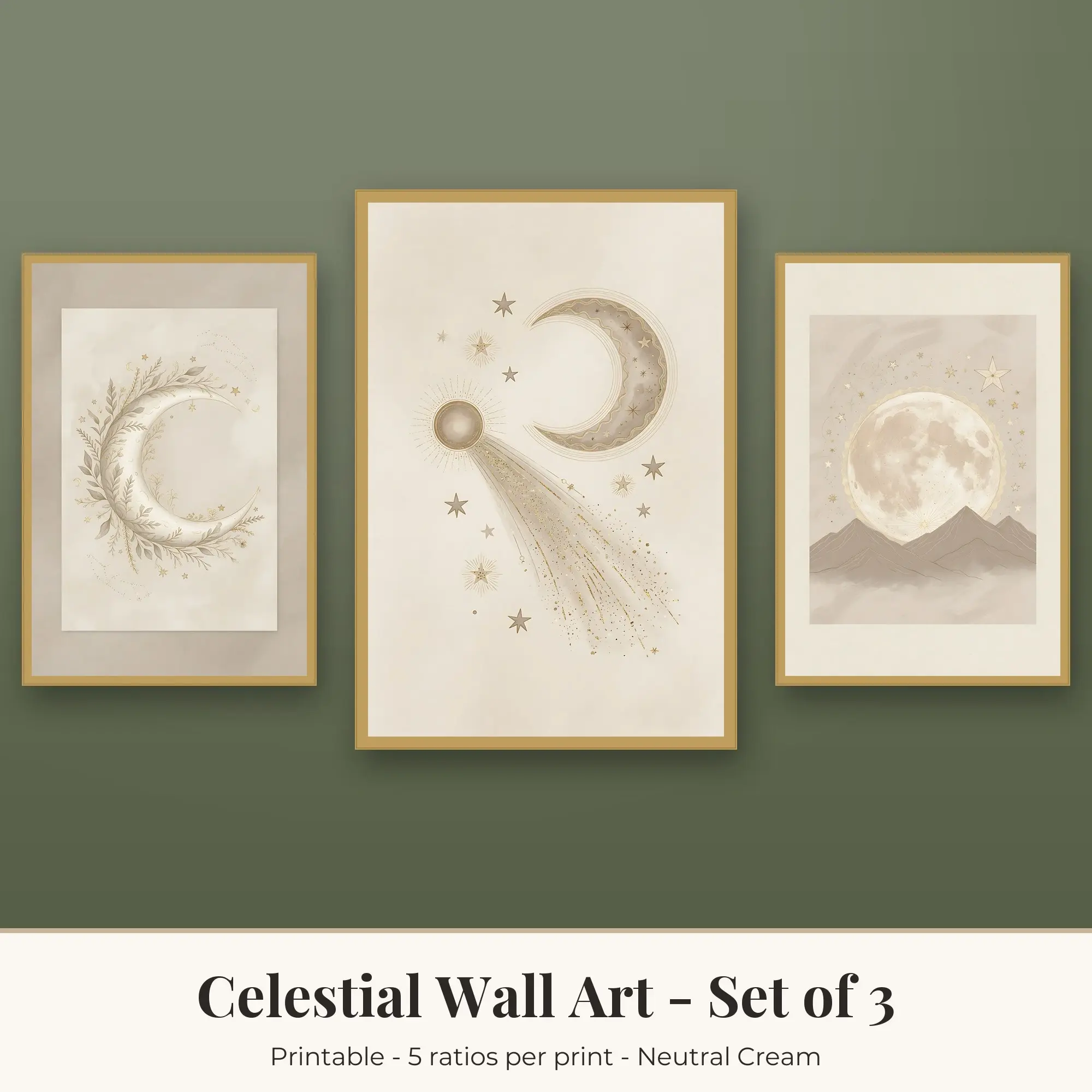 Celestial Set of 3: Crescent and Branches, Neutral Cream, preview 1 of 2