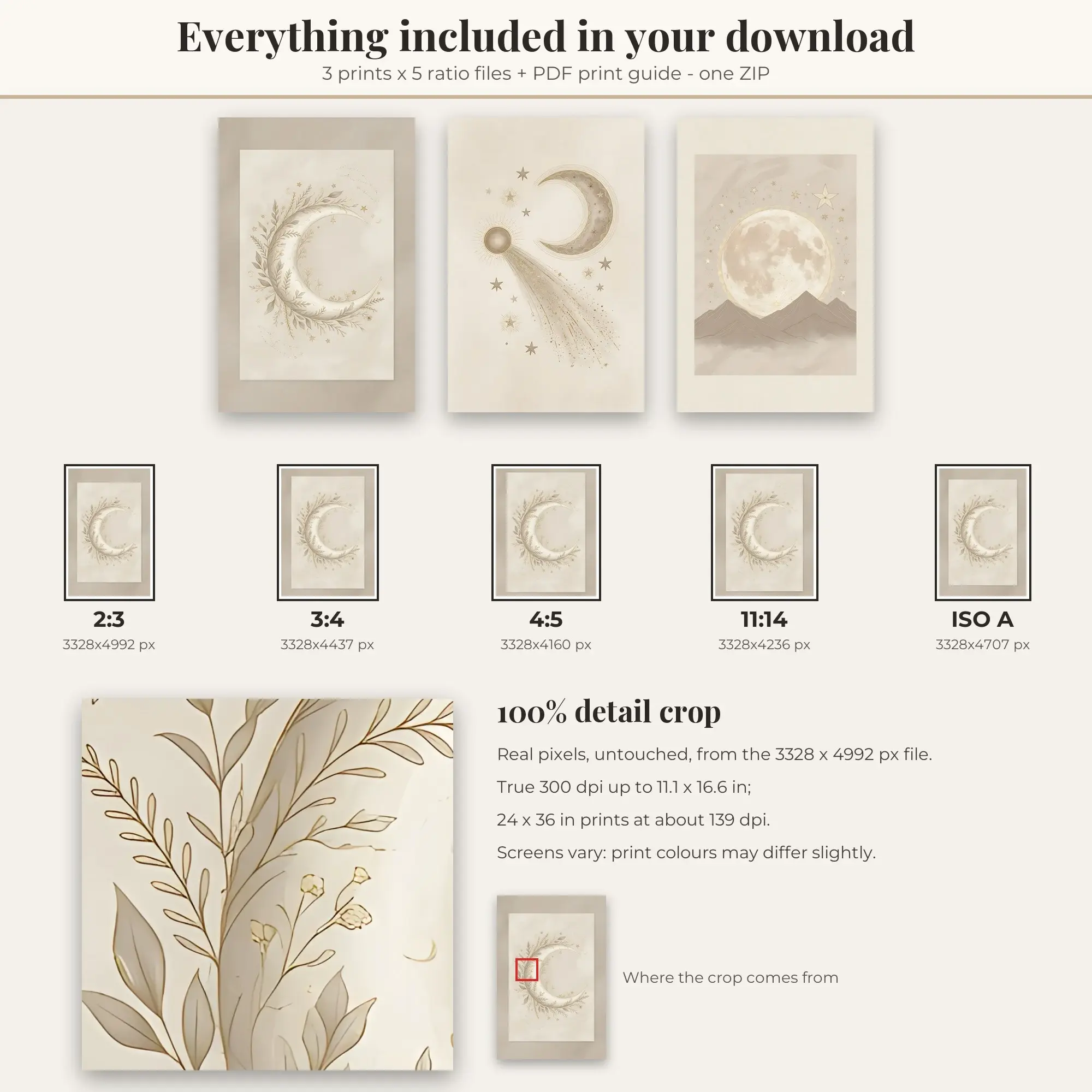 Celestial Set of 3: Crescent and Branches, Neutral Cream, preview 2 of 2