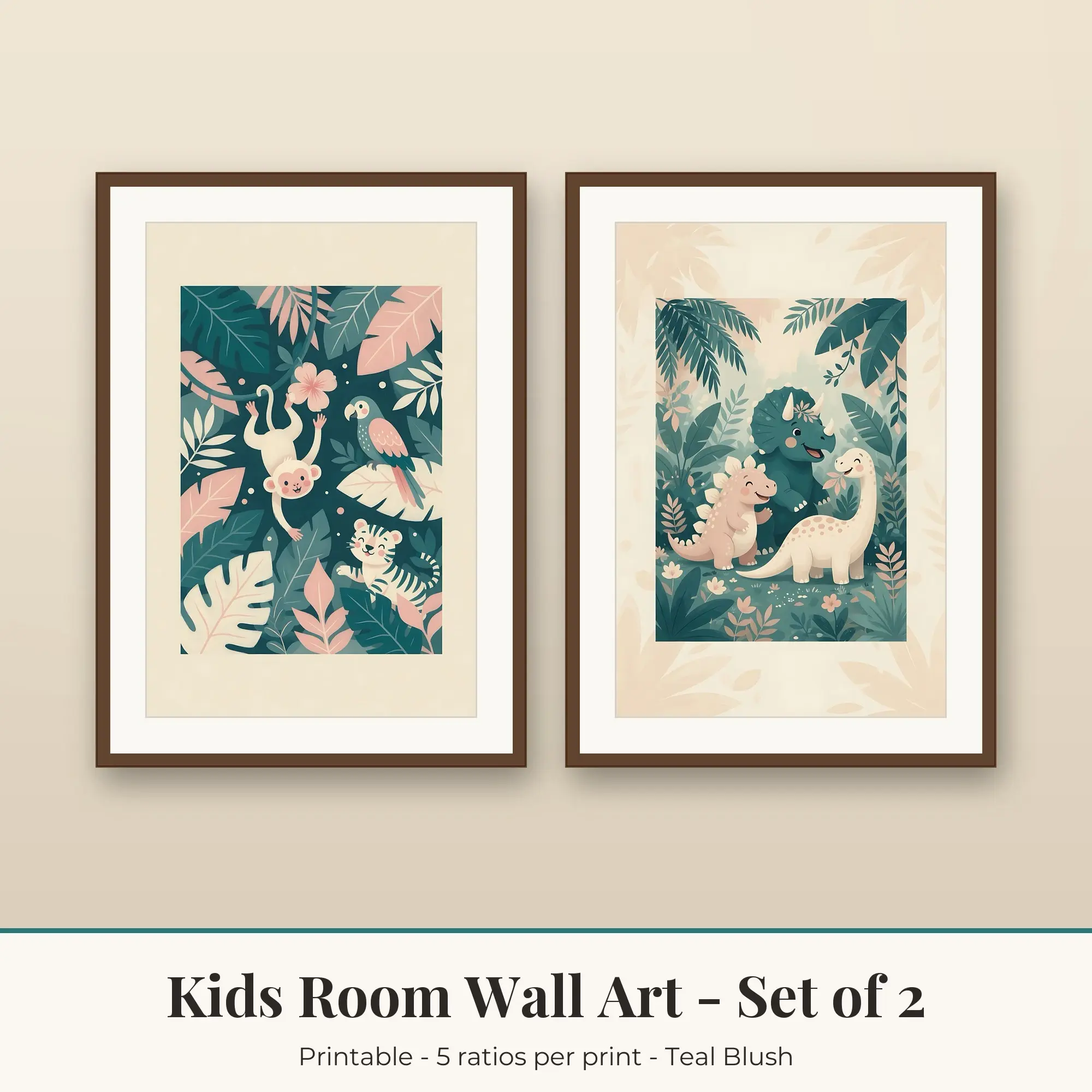 Kids Room Wall Art Set of 2: Jungle Animals, Teal Blush preview