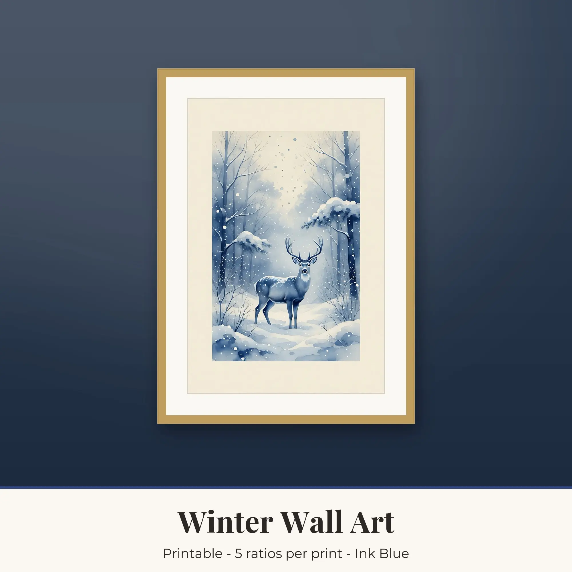 Printable Winter Wall Art, Frosted Deer, Ink Blue Digital Download preview