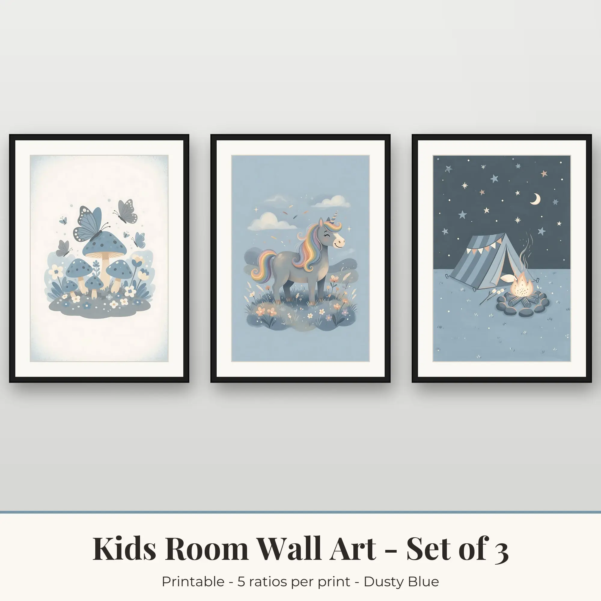 Kids Room Wall Art Set of 3, Dusty Blue Fairy Garden & Unicorn Meadow preview