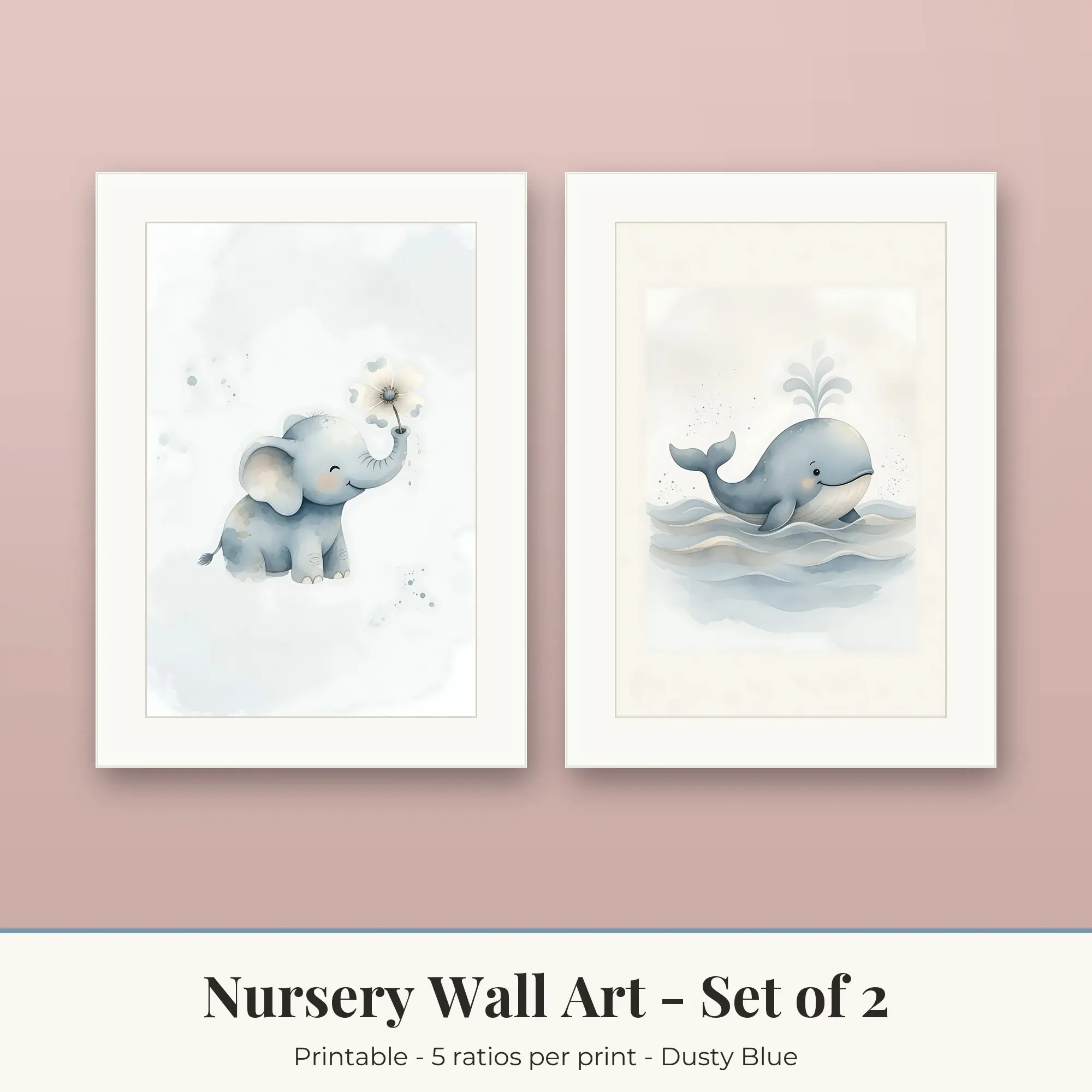 Nursery Wall Art Set of 2, Elephant and Whale and Waves, Printable preview