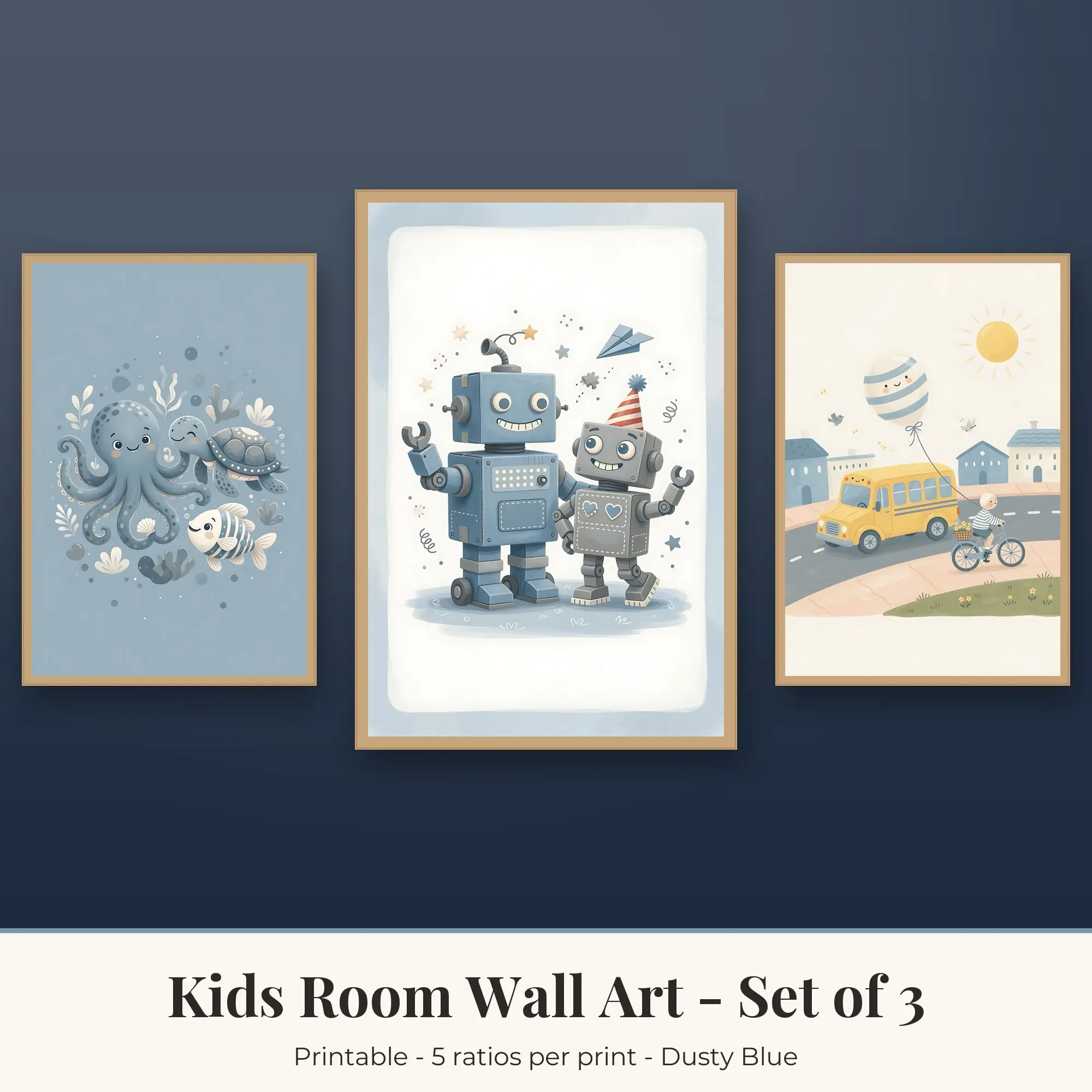 Kids Room Wall Art Set of 3: Robots, Dusty Blue preview