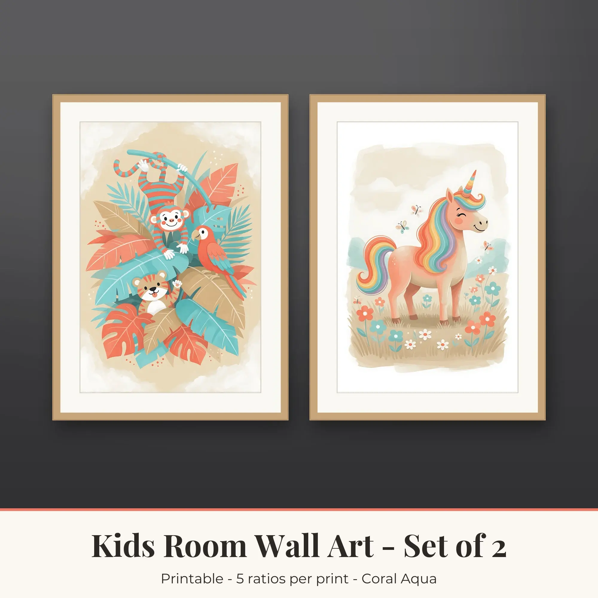 Kids Room Wall Art Set of 2: Unicorn Meadow, Coral Aqua preview