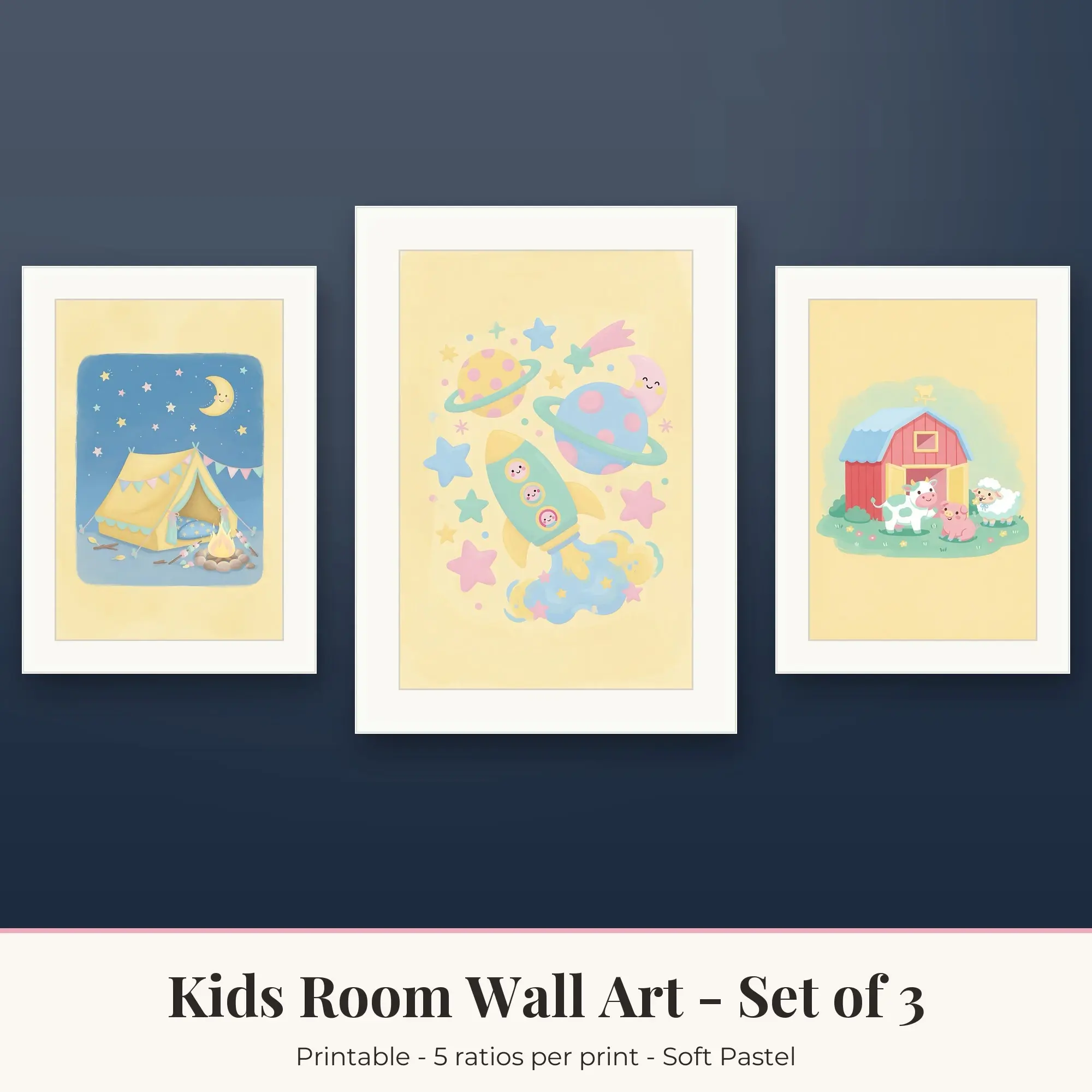 Kids Room Wall Art Set of 3: Outer Space, Soft Pastel preview