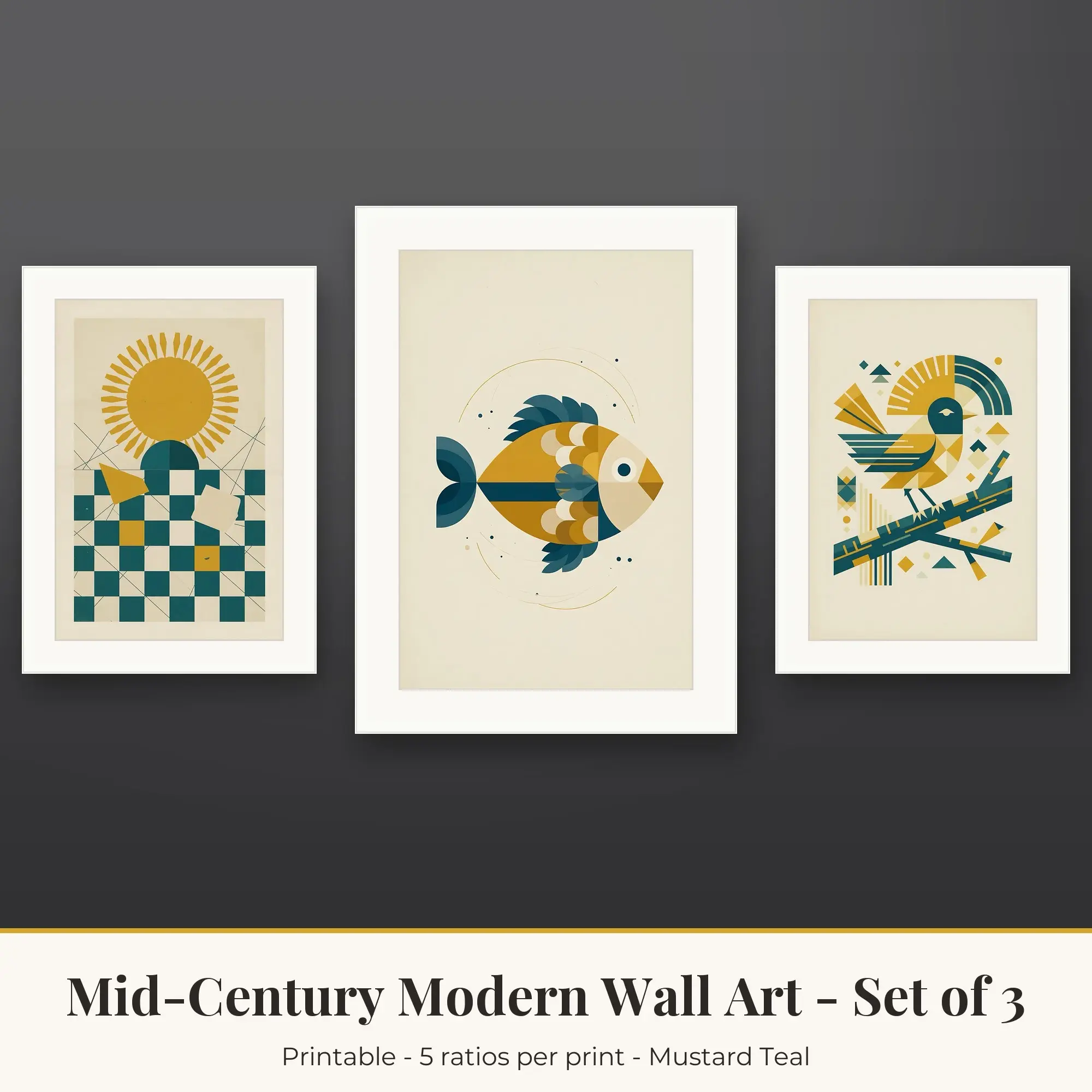 Bird Silhouette Mid-Century Modern Set of 3 - Mustard Teal preview