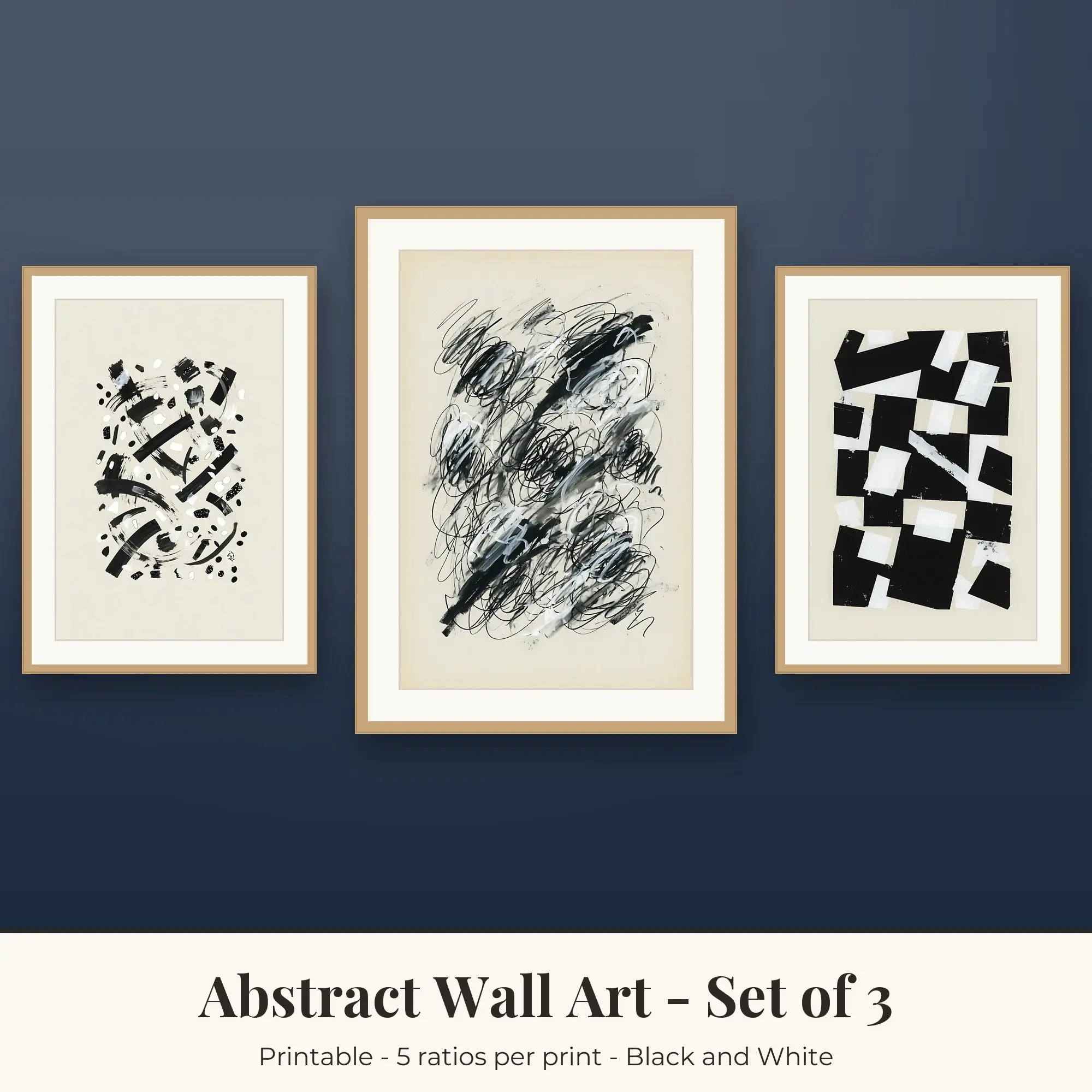 Abstract Set of 3: Geometric Blocks, Black and White, preview 1 of 2