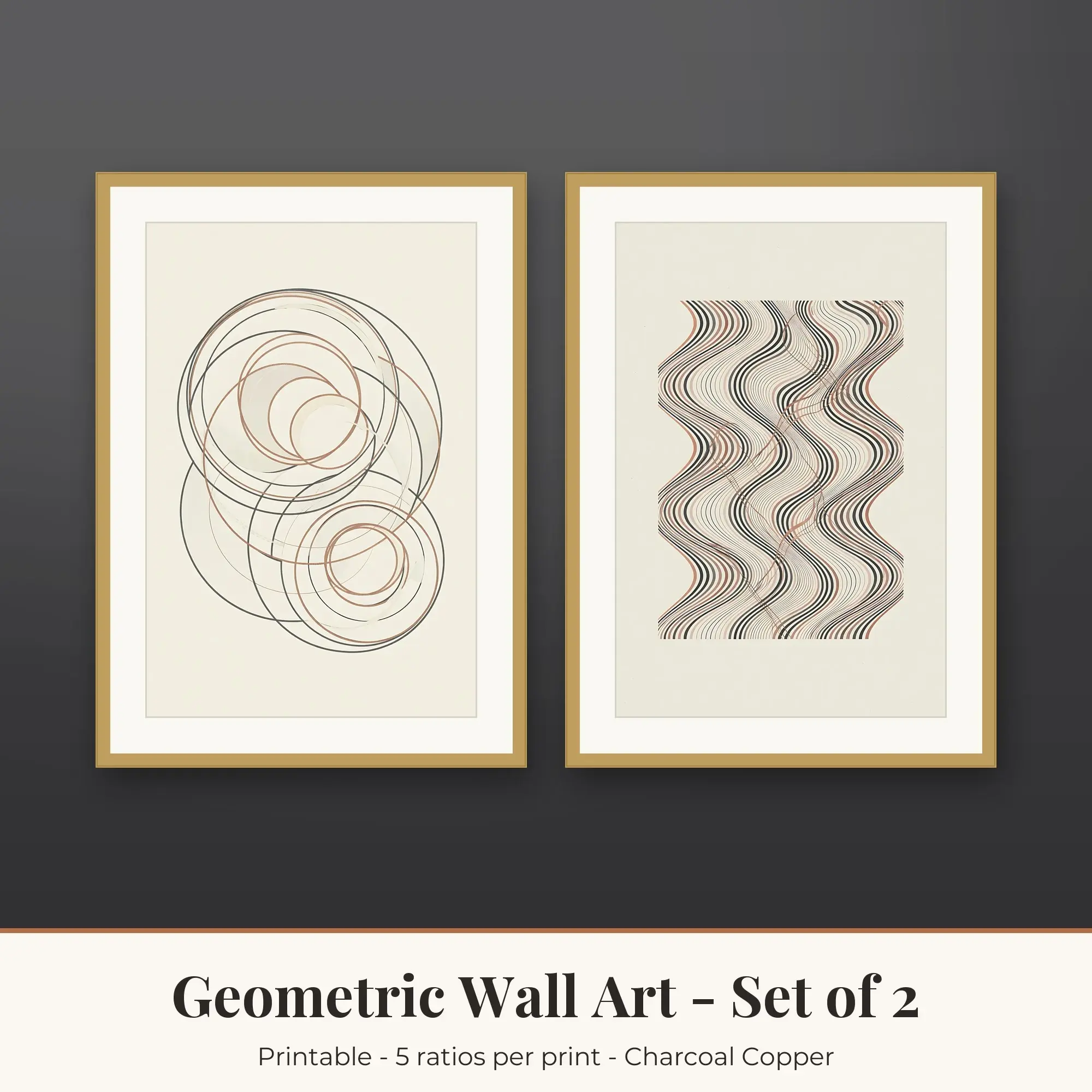 Geometric Printable Art Set of 2: Concentric Circles and Op Waves preview