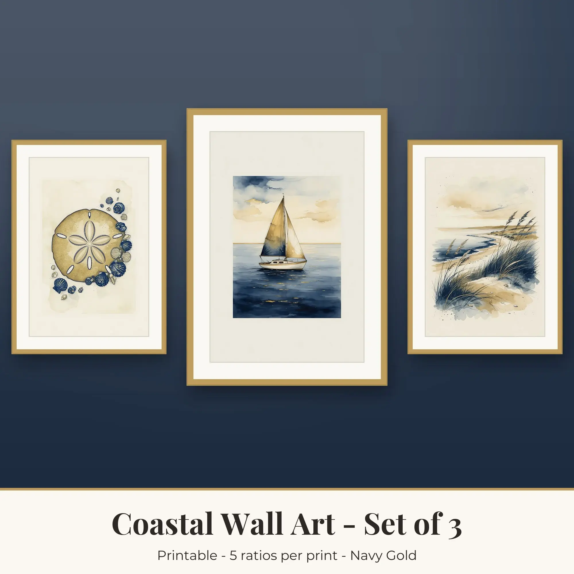 Coastal Wall Art Set of 3, Navy Gold Sand Dollar & Sailboat preview