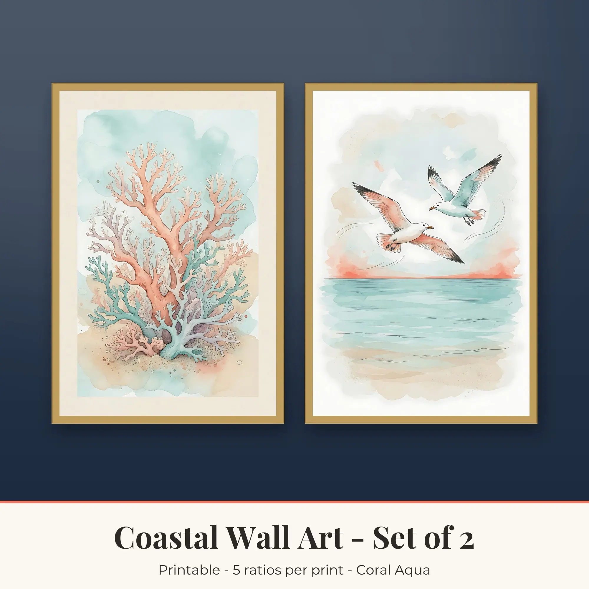 Coastal Wall Art Set of 2, Coral Aqua Coral Reef & Seagulls preview