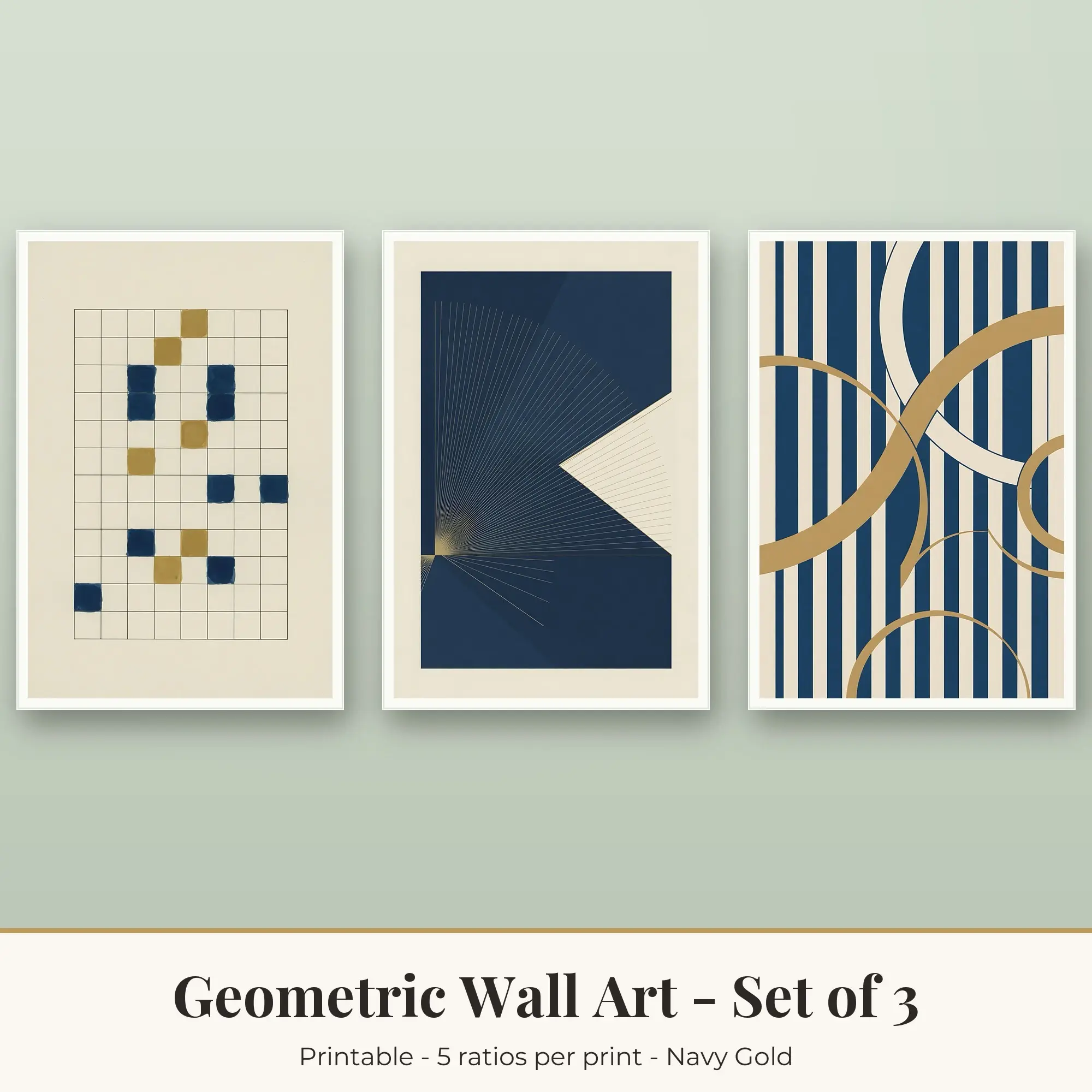 Geometric Set of 3: Stripes and Arcs, Navy Gold preview