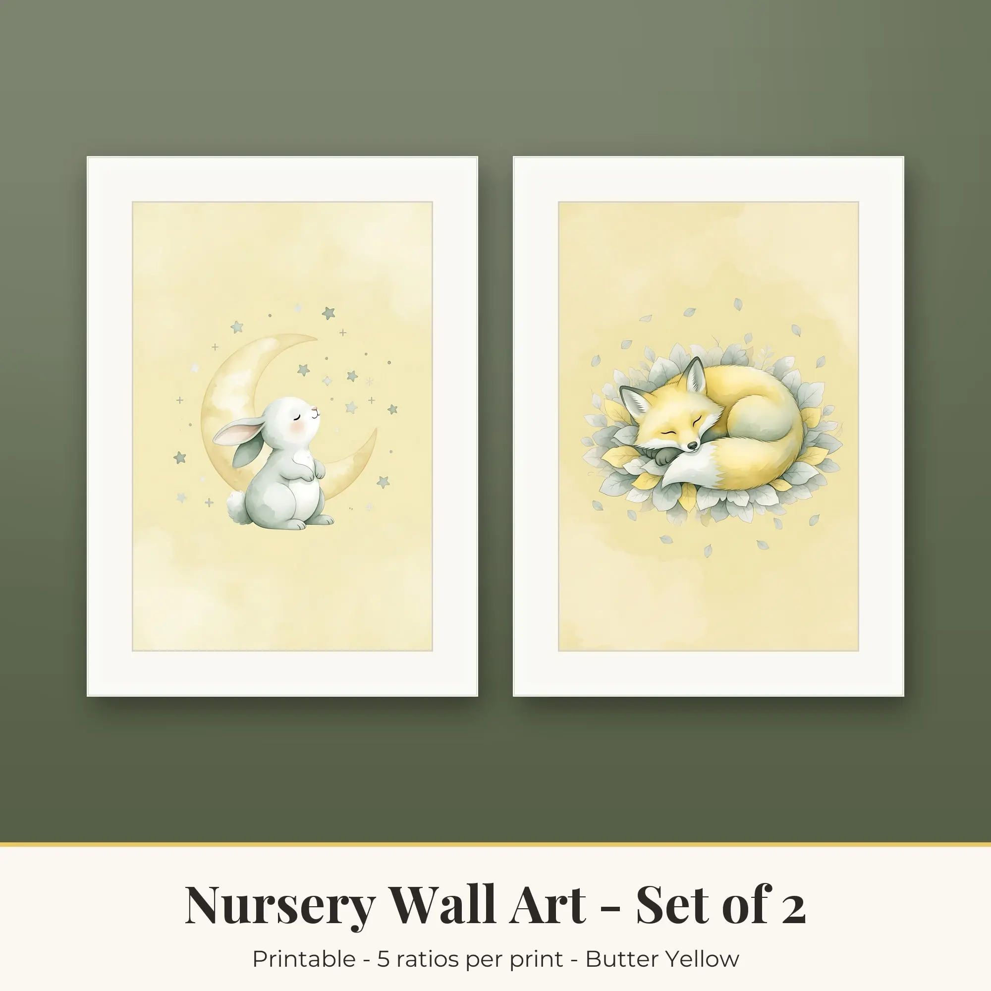 Nursery Wall Art Set of 2, Bunny and Moon and Woodland Fox, Printable preview