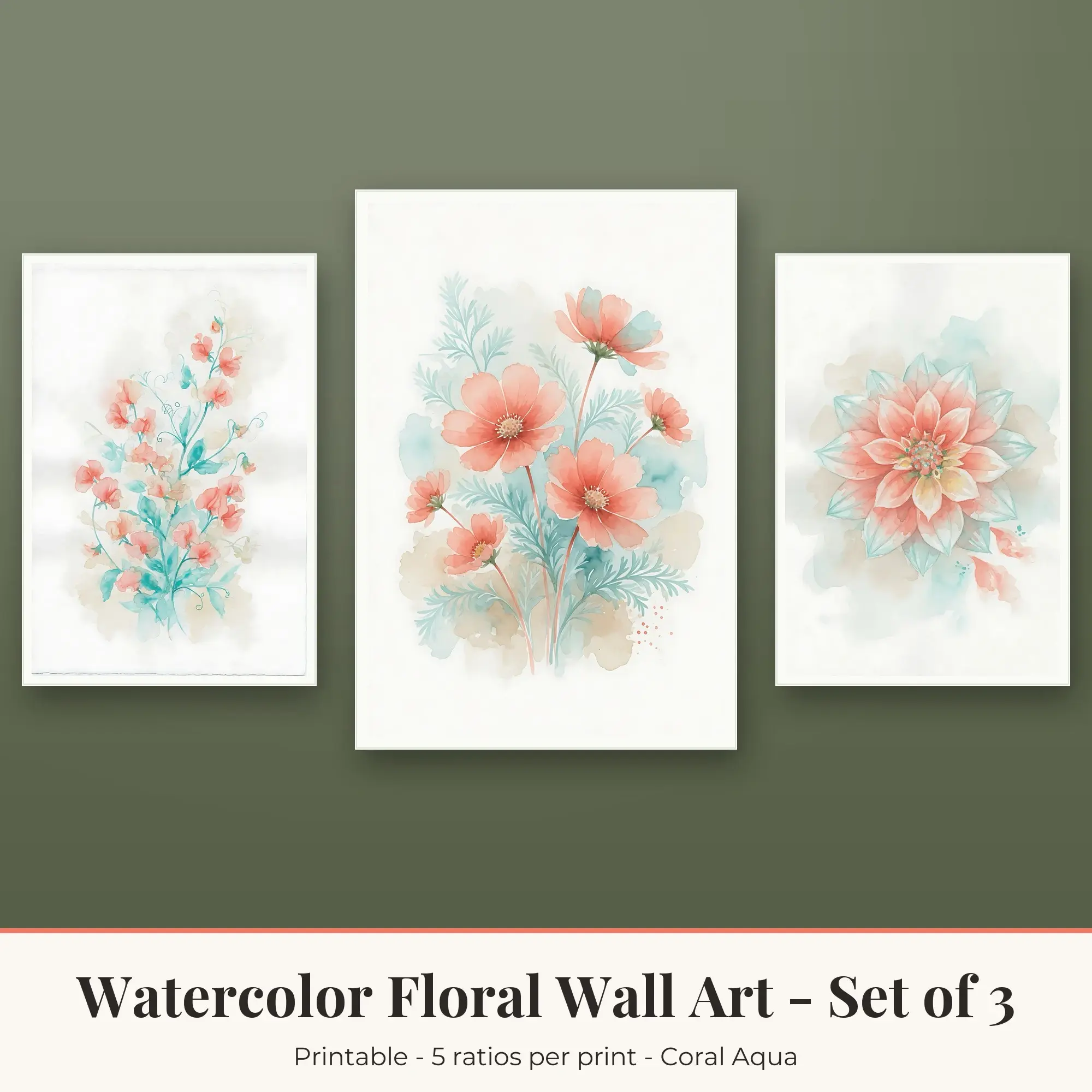 Watercolor Floral Set of 3: Dahlia, Coral Aqua preview
