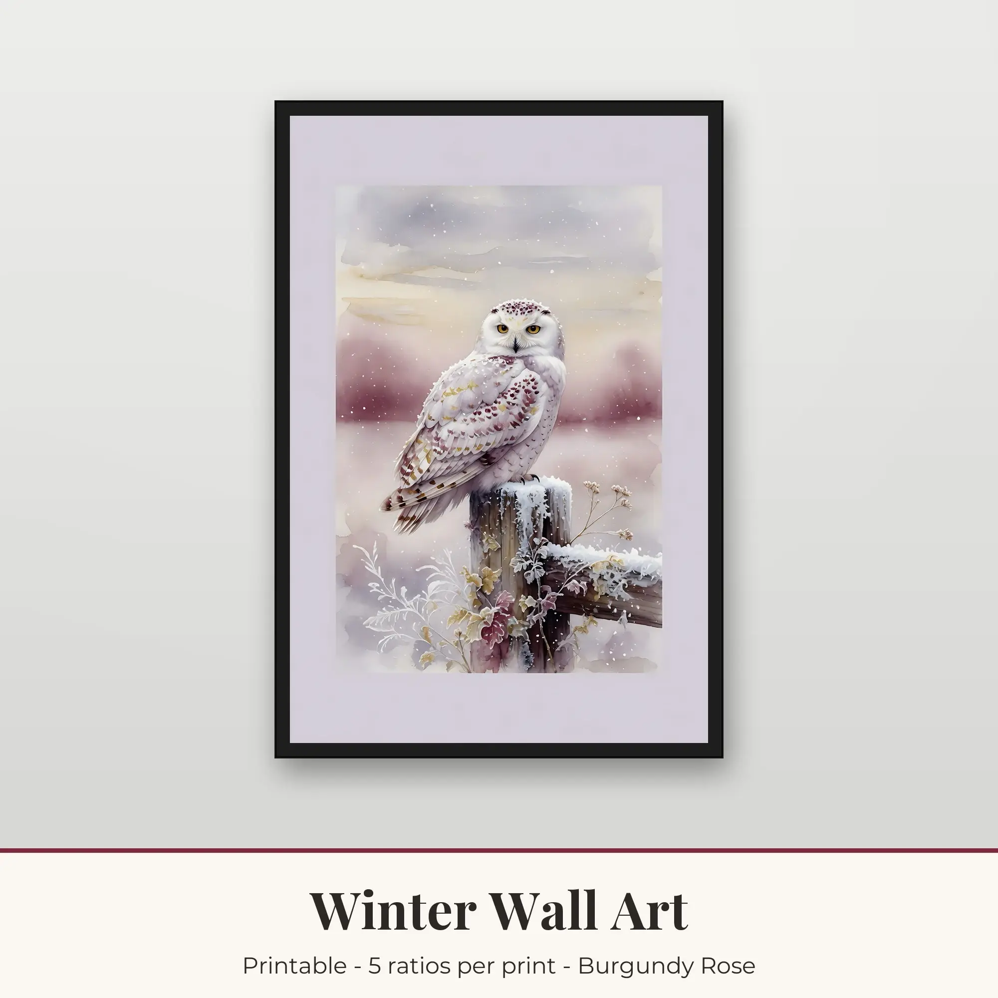 Winter Wall Art Print - Snowy Owl - Burgundy Rose preview