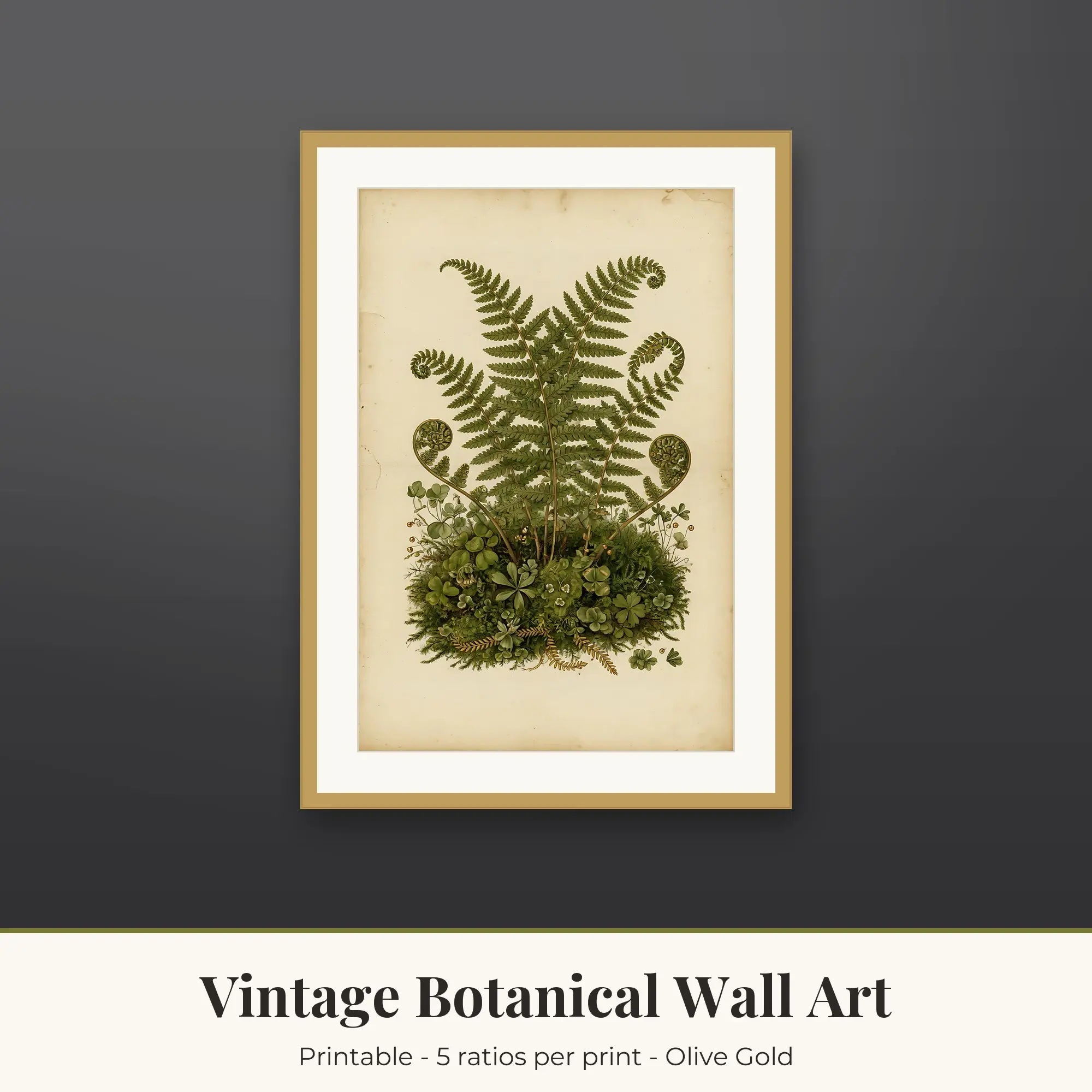 Vintage Botanical Wall Art Print, Olive Gold Fern and Moss preview