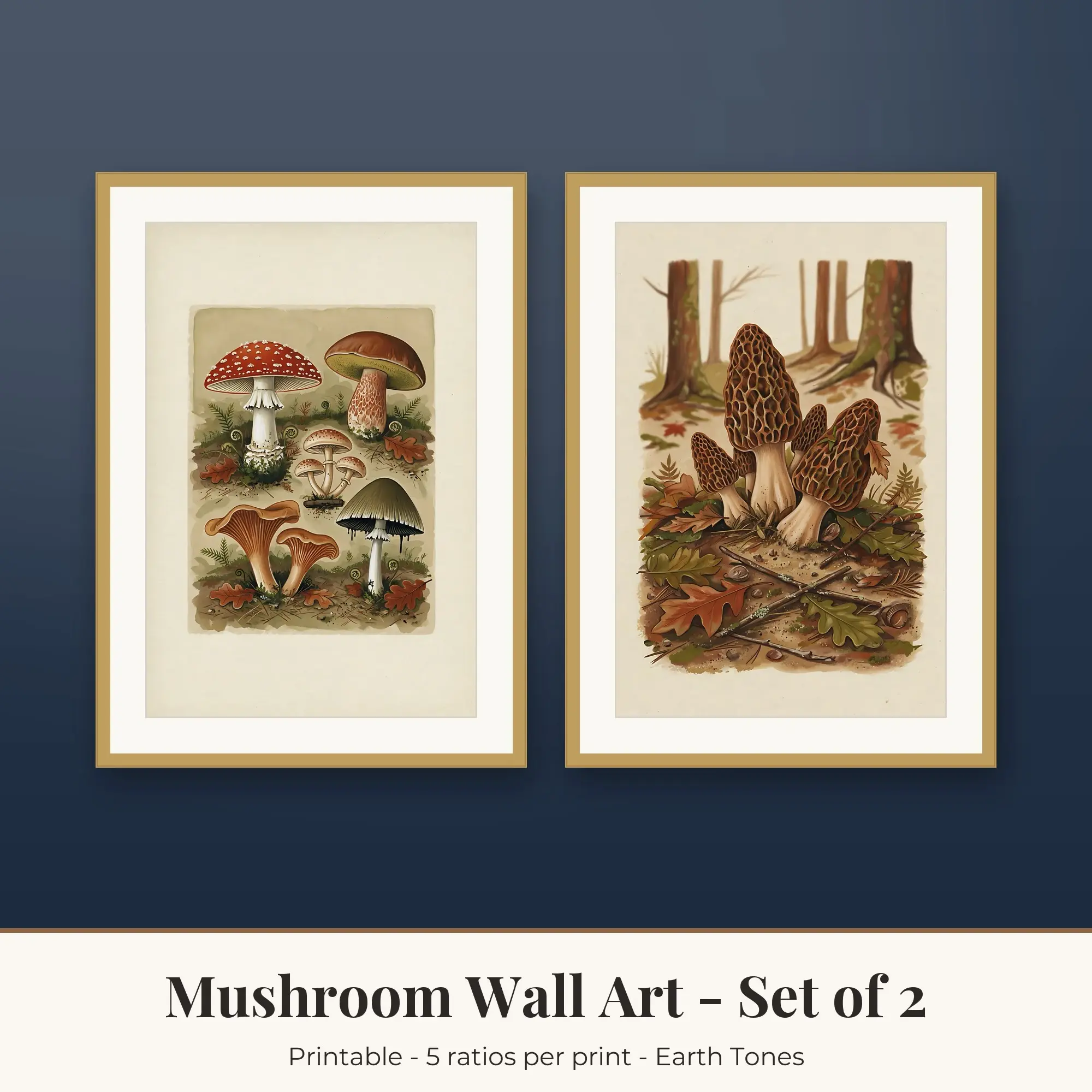 Mushroom Wall Art Set of 2 - Mushroom Study and Morels - Earth Tones preview
