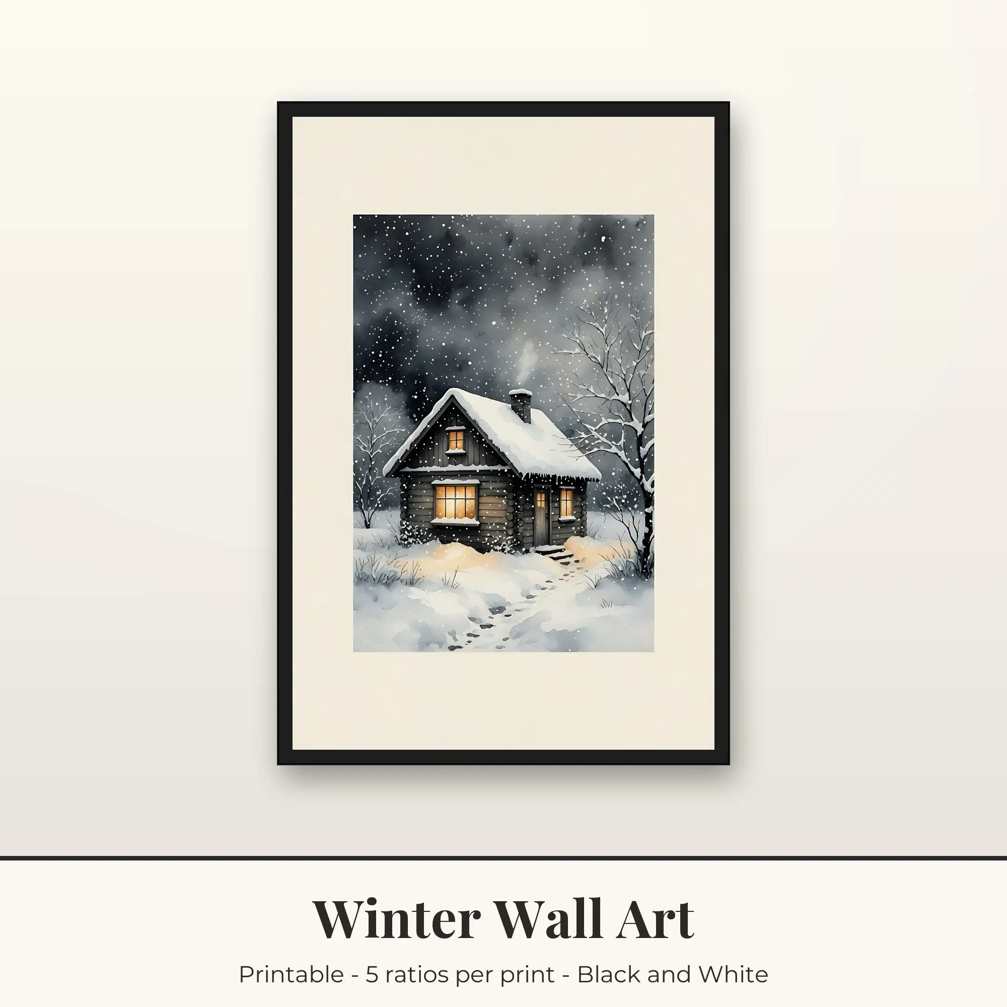 Winter Cabin Winter Print - Black and White preview