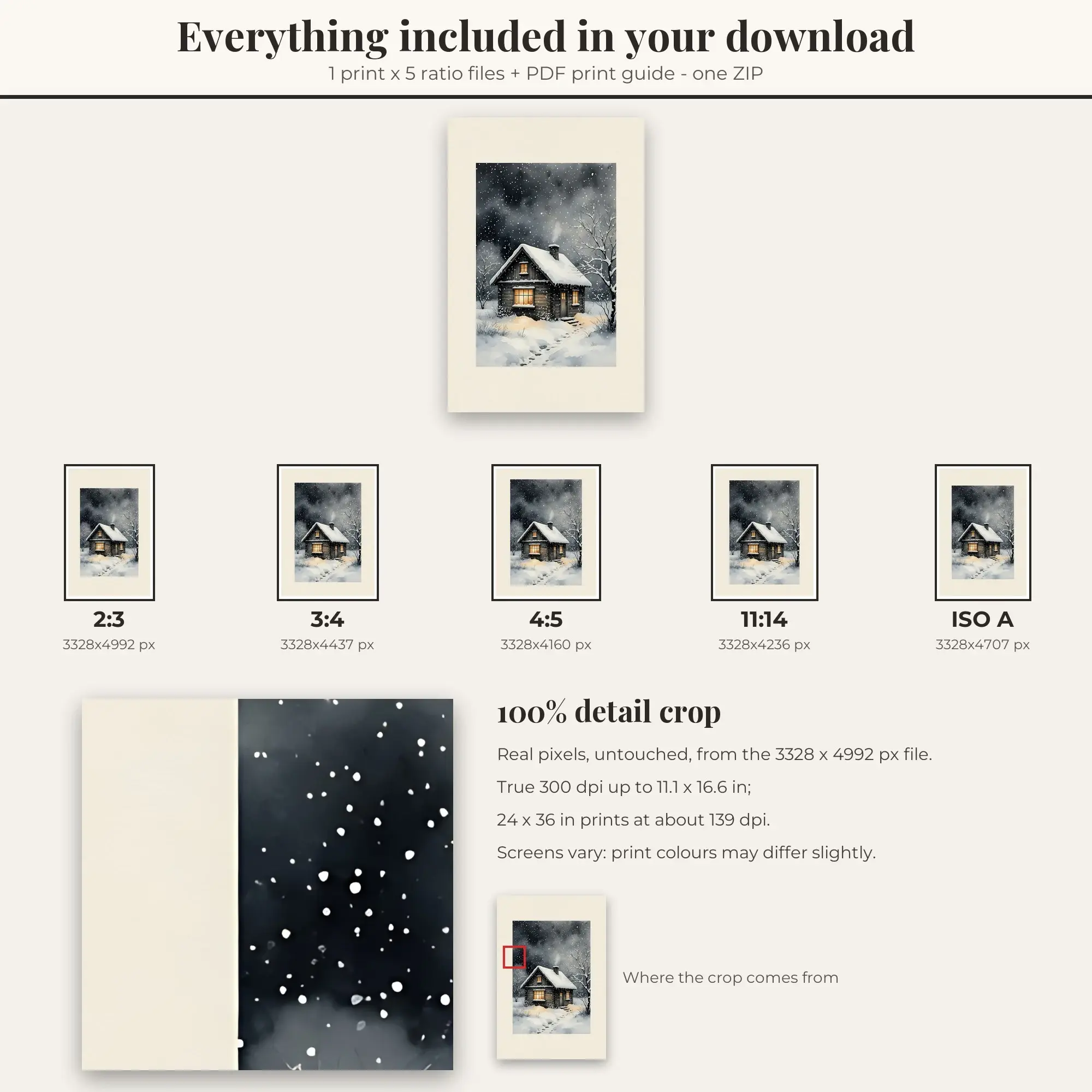 Winter Cabin Winter Print - Black and White, preview 2 of 2
