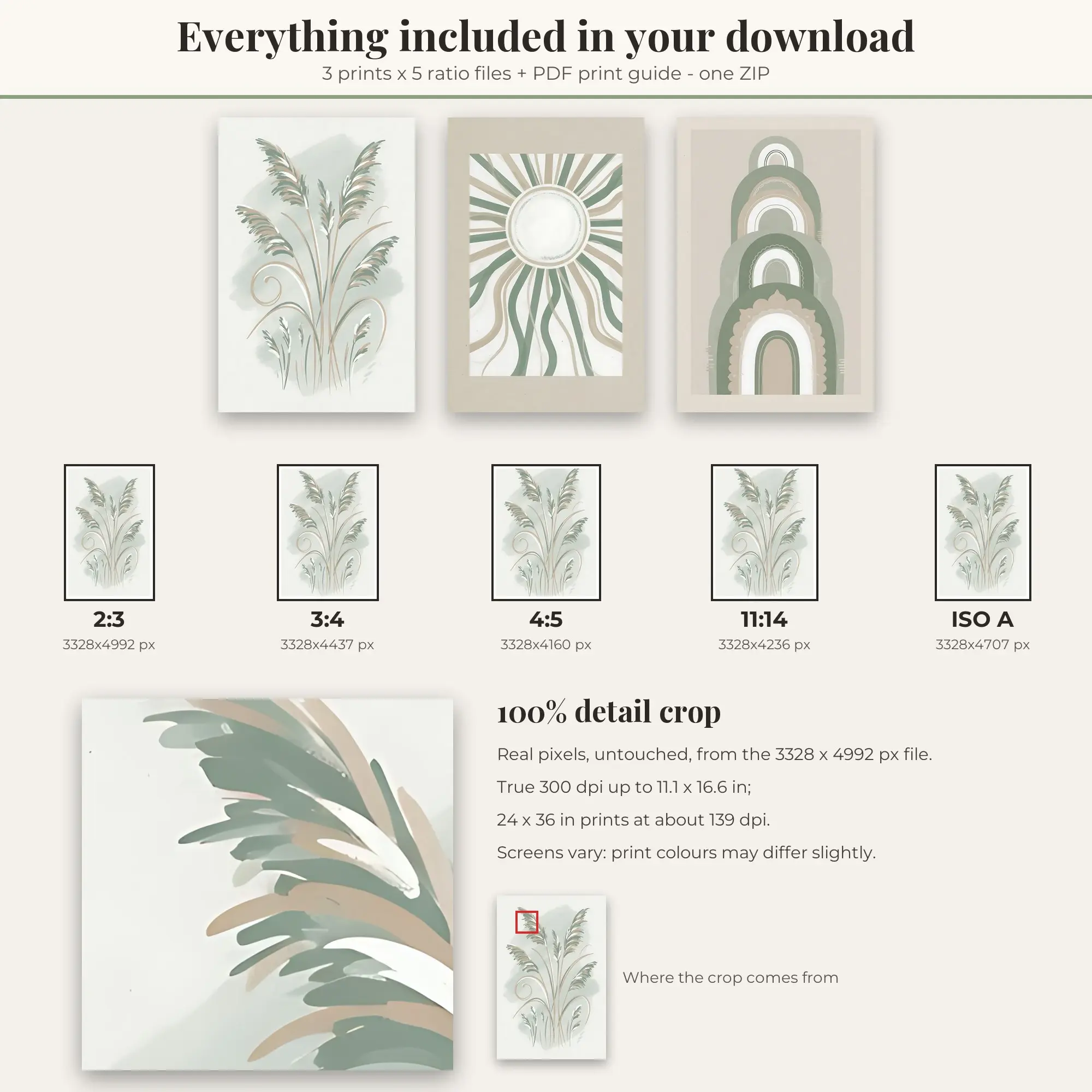 Boho Set of 3: Abstract Sun, Sage and Oat, preview 2 of 2