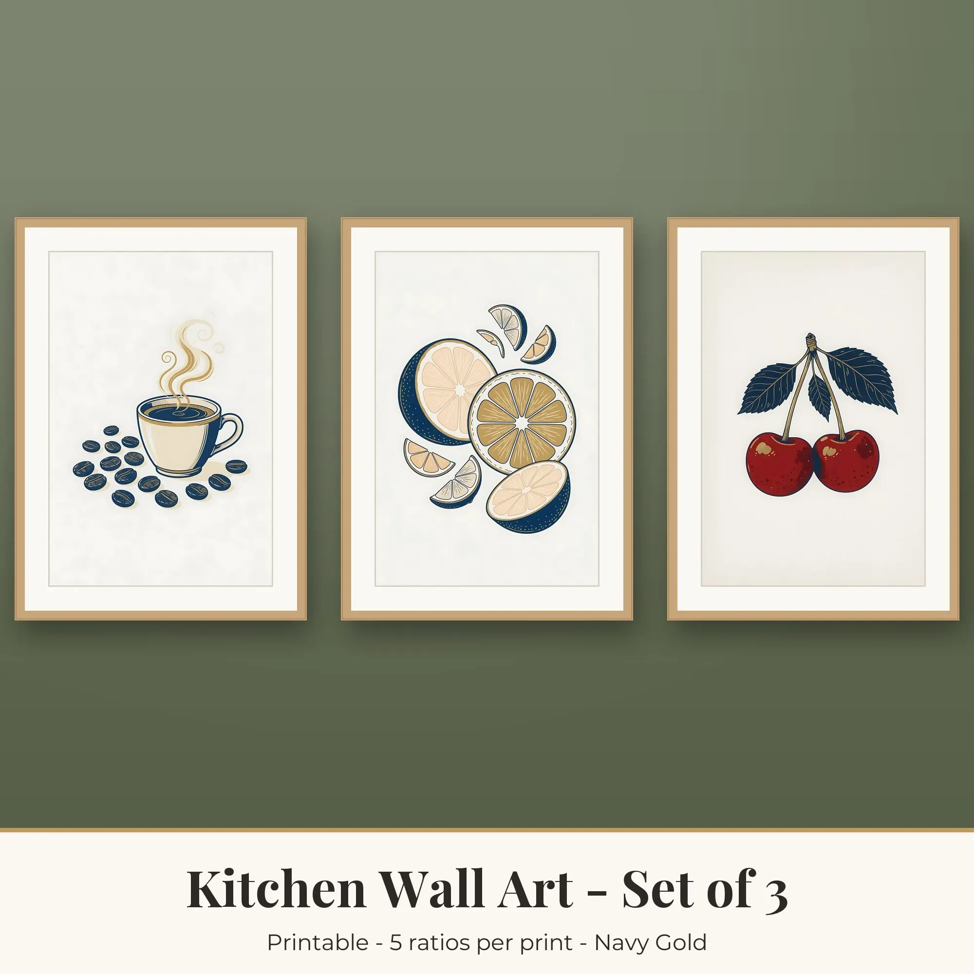 Kitchen Wall Art Set of 3: Coffee Beans, Navy Gold preview