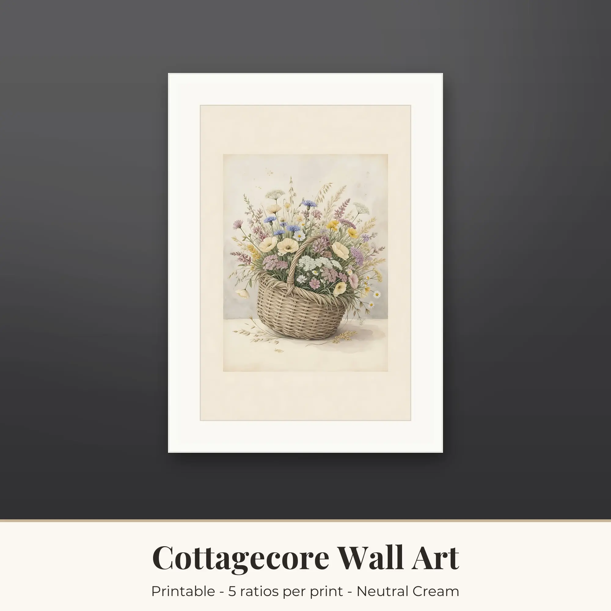 Cottagecore Wall Art Print - Wildflower Basket - Neutral Cream preview