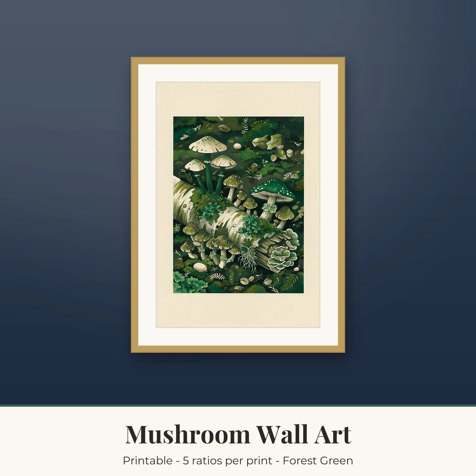 Printable Mushroom Wall Art, Lichen Log, Forest Green Digital Download preview