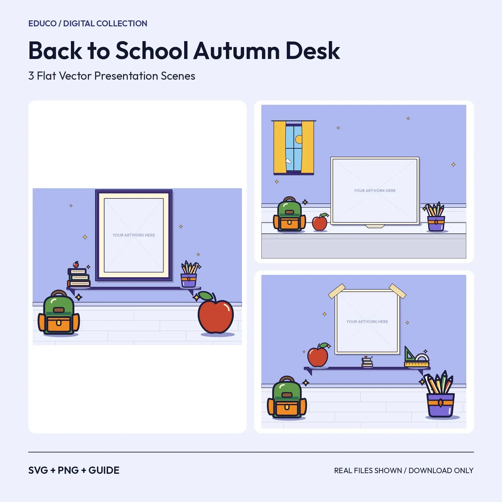 Back to School Autumn Desk – 3 Flat Vector Autumn Classroom Presentation Scenes preview