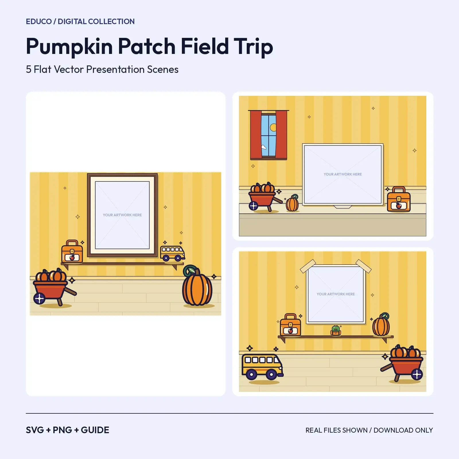 Pumpkin Patch Field Trip – 5 Flat Vector Autumn Classroom Presentation Scenes preview