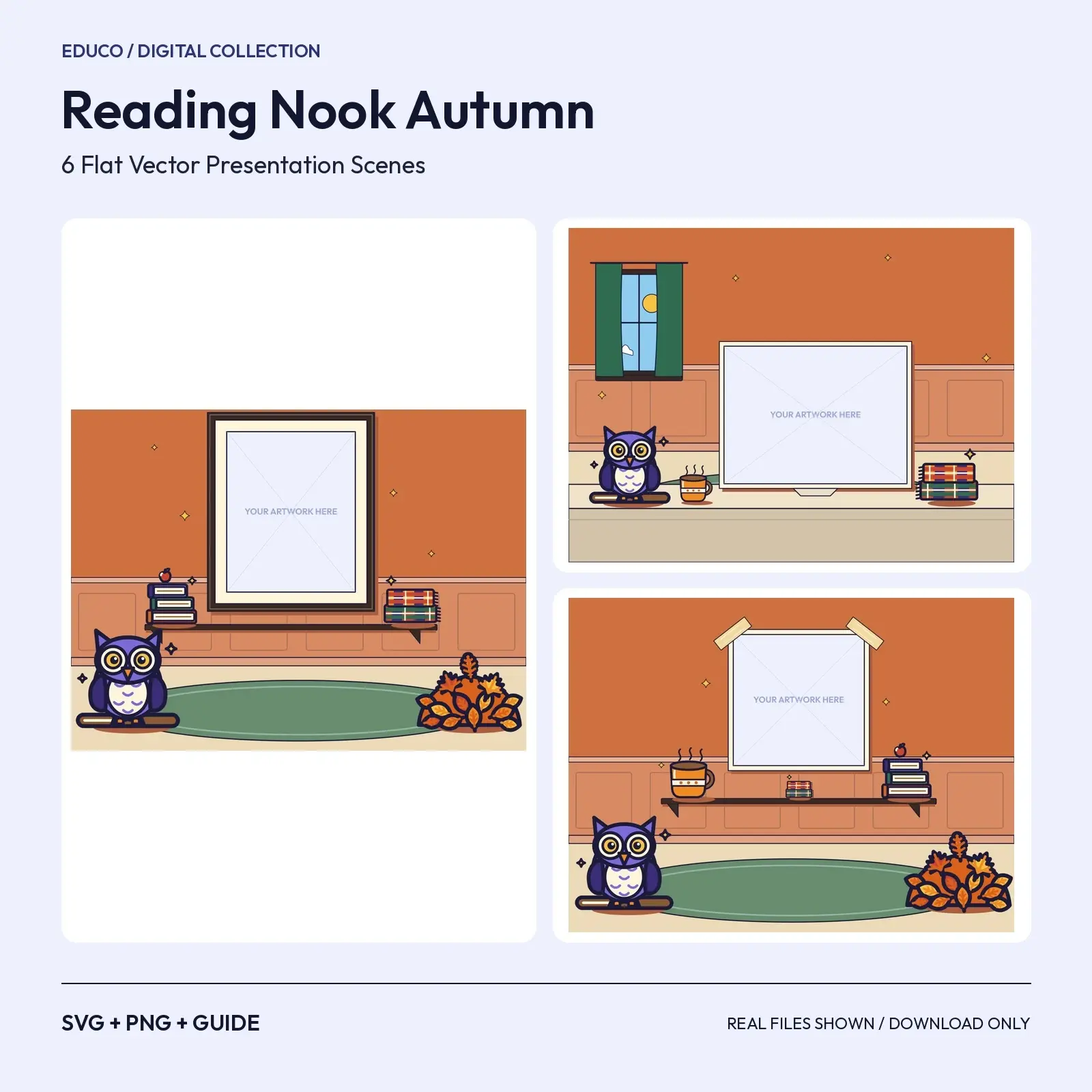 Reading Nook Autumn – 6 Flat Vector Autumn Classroom Presentation Scenes preview