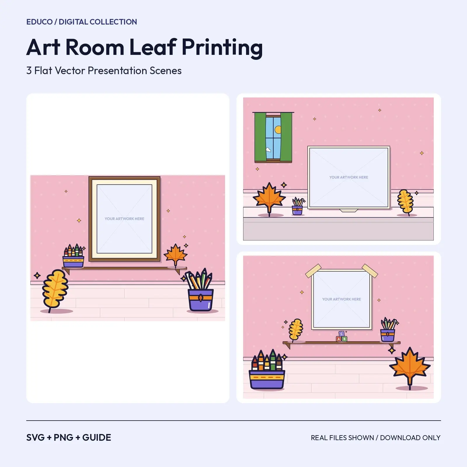 Art Room Leaf Printing – 3 Flat Vector Autumn Classroom Presentation Scenes preview