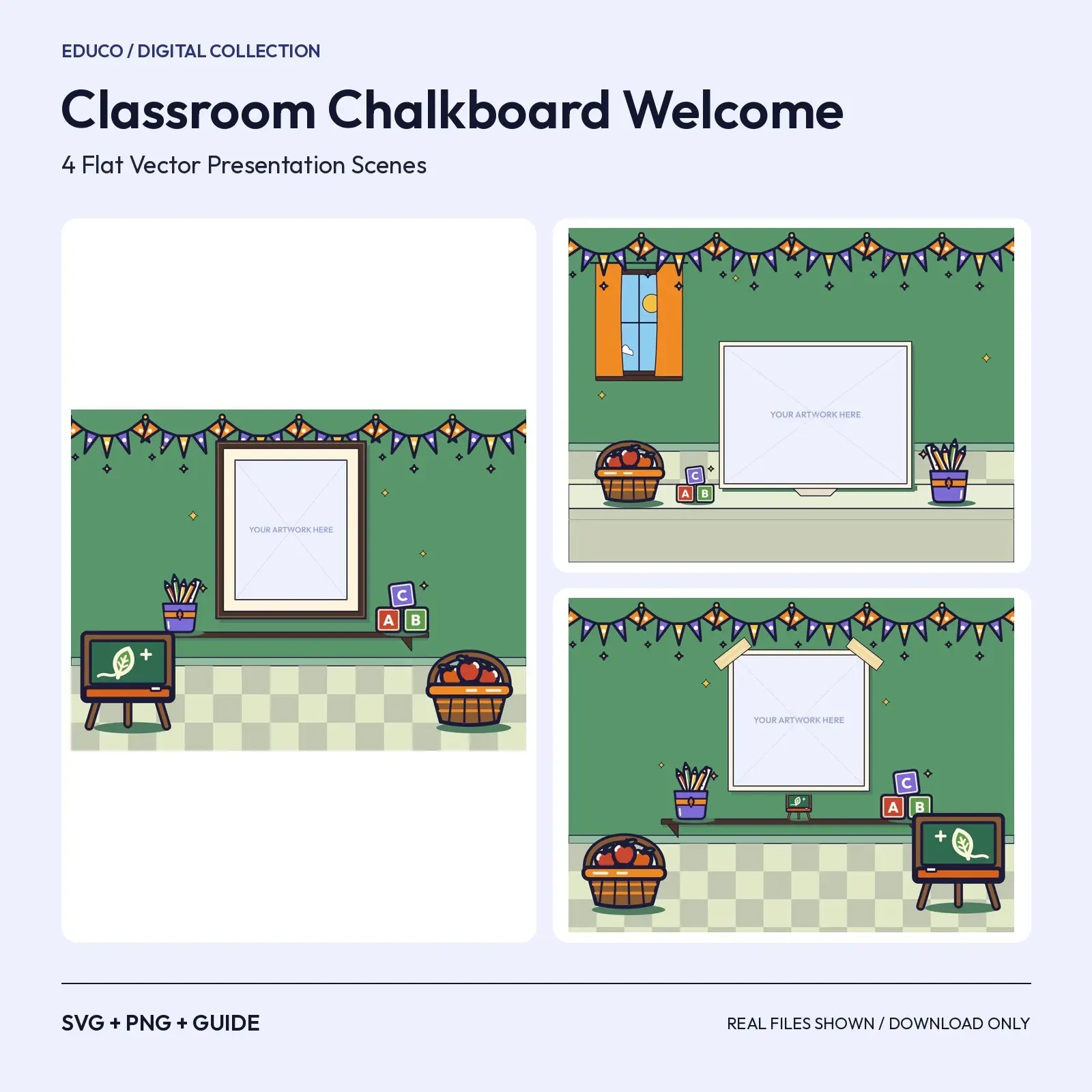 Classroom Chalkboard Welcome – 4 Flat Vector Autumn Classroom Presentation Scenes preview