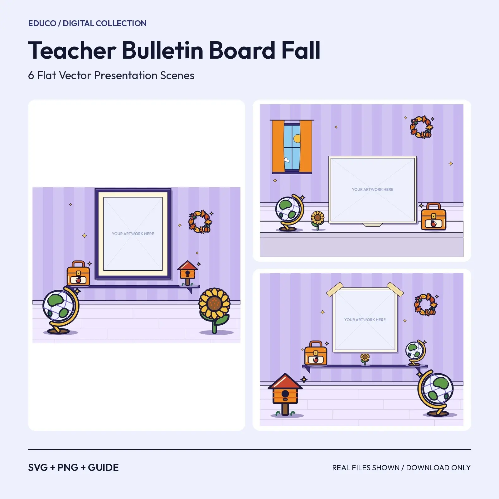 Teacher Bulletin Board Fall – 6 Flat Vector Autumn Classroom Presentation Scenes preview
