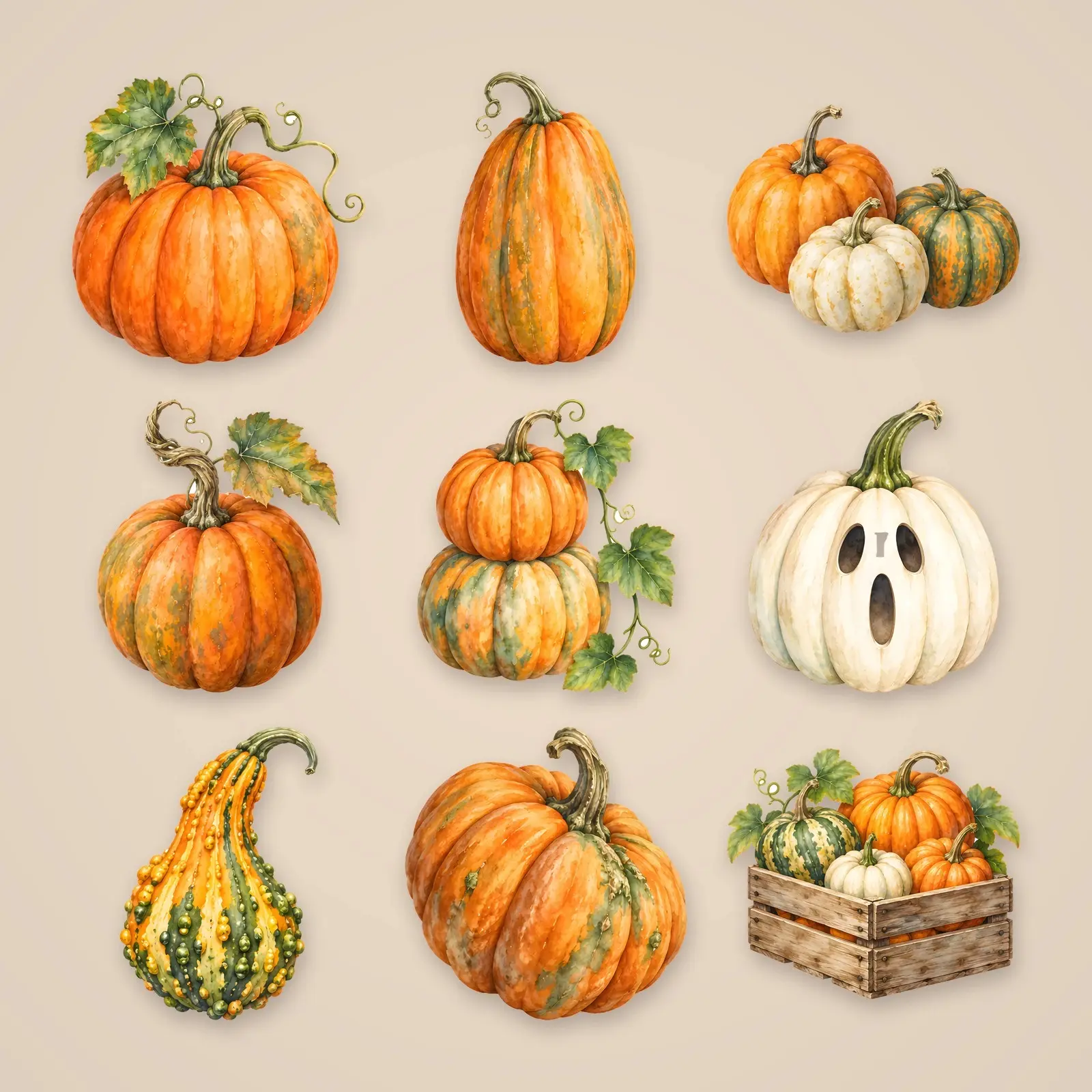 Moonlit Pumpkin Patch Clip Art – 12 Watercolor PNG Illustrations preview