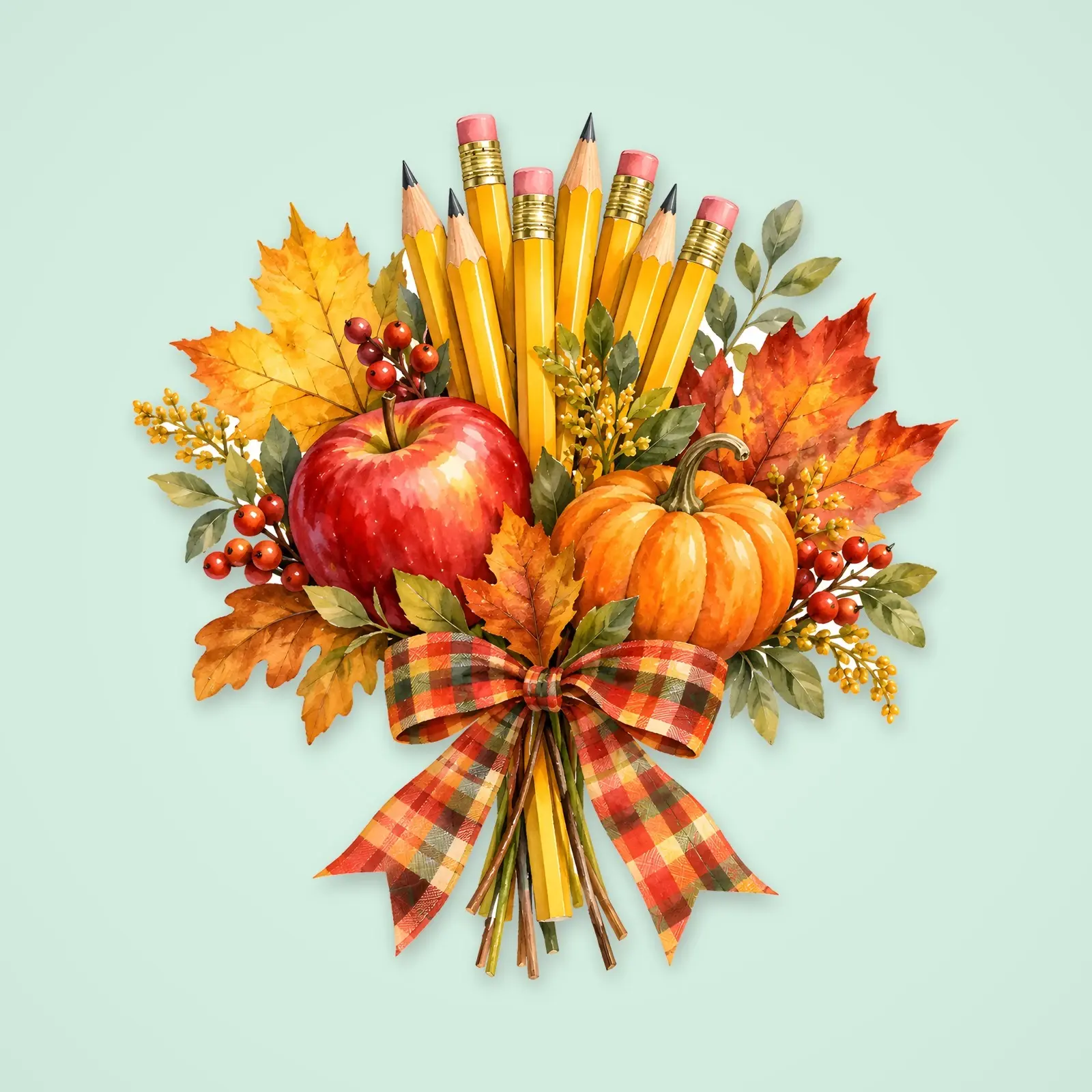 Back-to-School Apple and Pumpkins Bouquet – Single Watercolor Illustration, 4200 px PNG and JPG preview