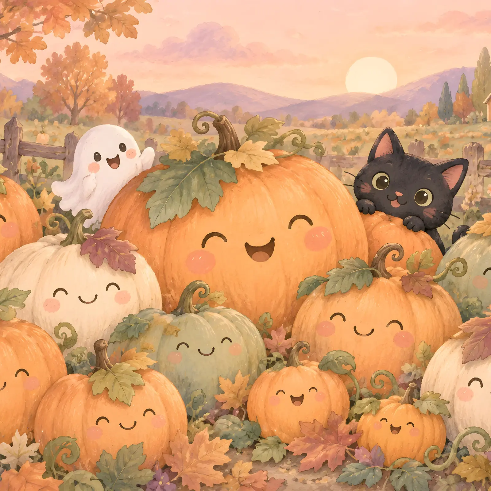 Smiling Pumpkin Patch Friends Printable Kids Wall Art, Pastel Halloween Nursery Print preview