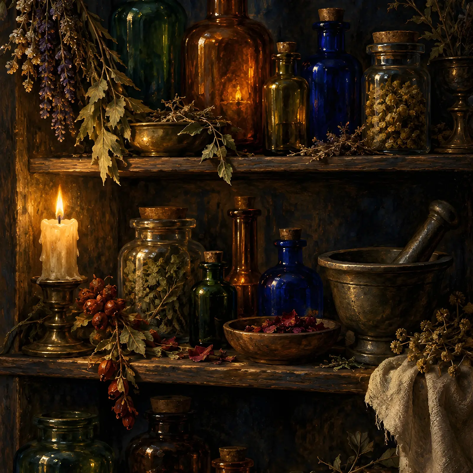 Antique Potion Bottle Shelf Printable Wall Art, Apothecary Still Life Painting preview