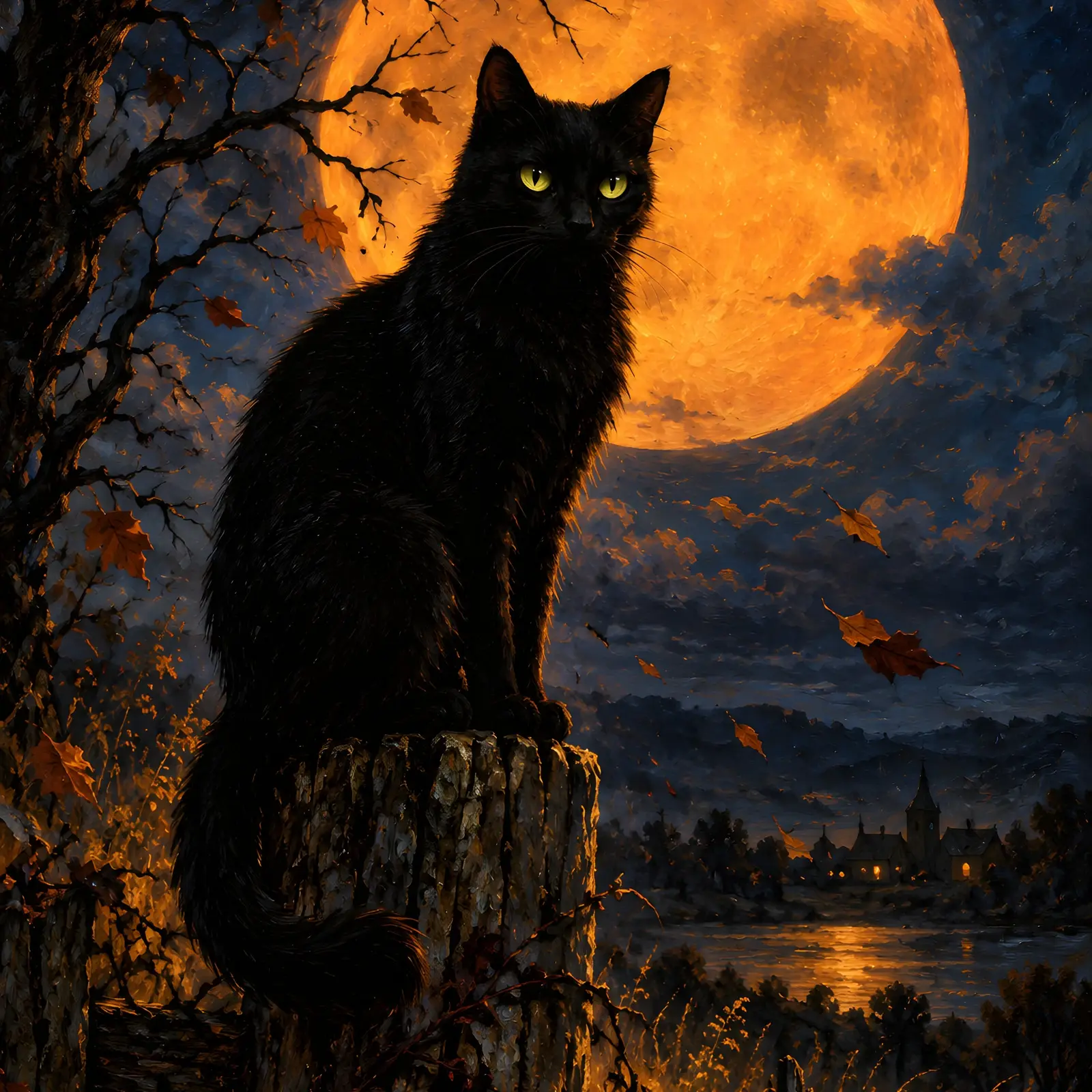 Black Cat on a Garden Fence Under the Harvest Moon Printable Halloween Art Print preview